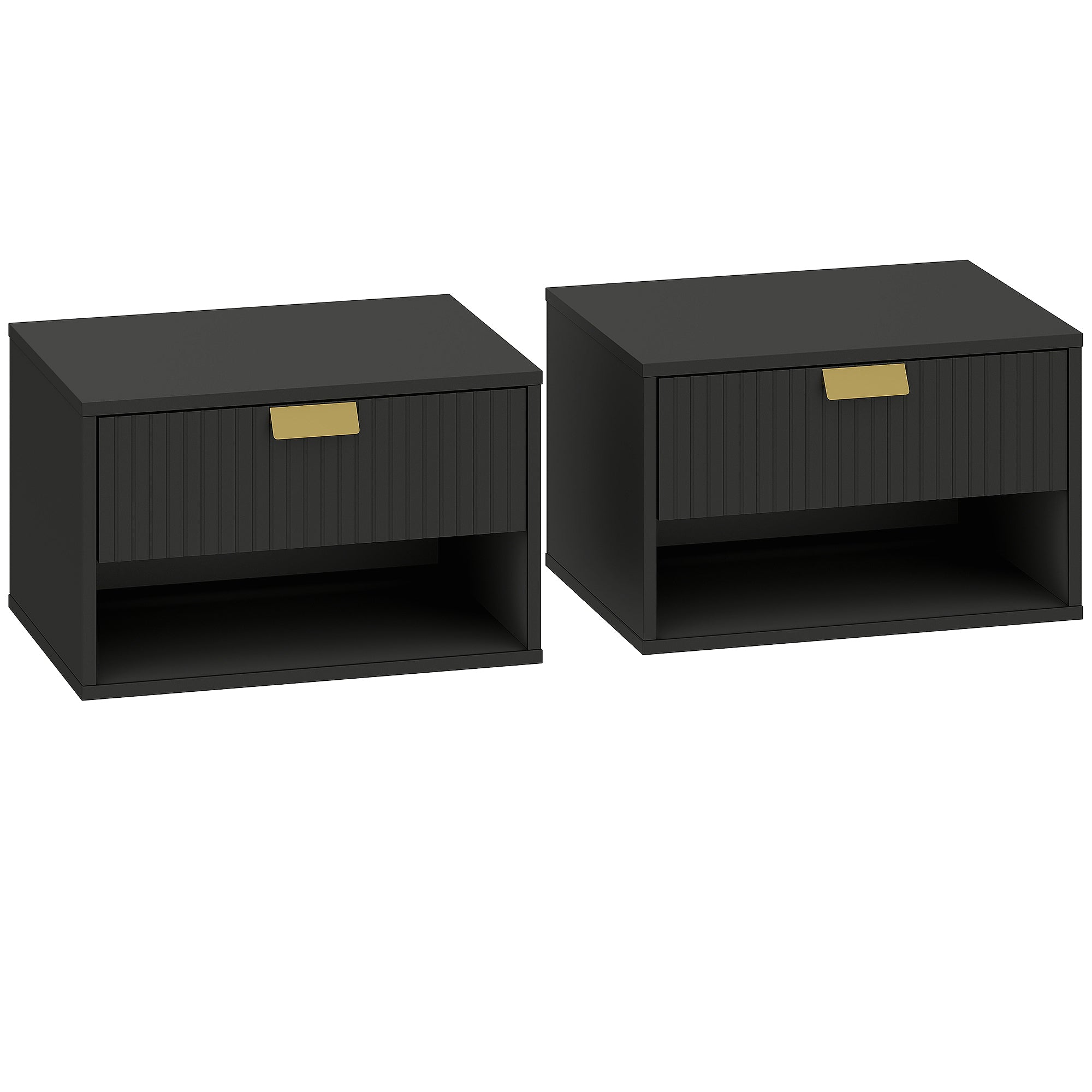 HOMCOM Set of 2 Wall Mounted Nightstands, Floating Bedside Tables with Fluted Drawer and Open Shelf for Small Bedroom, Black
