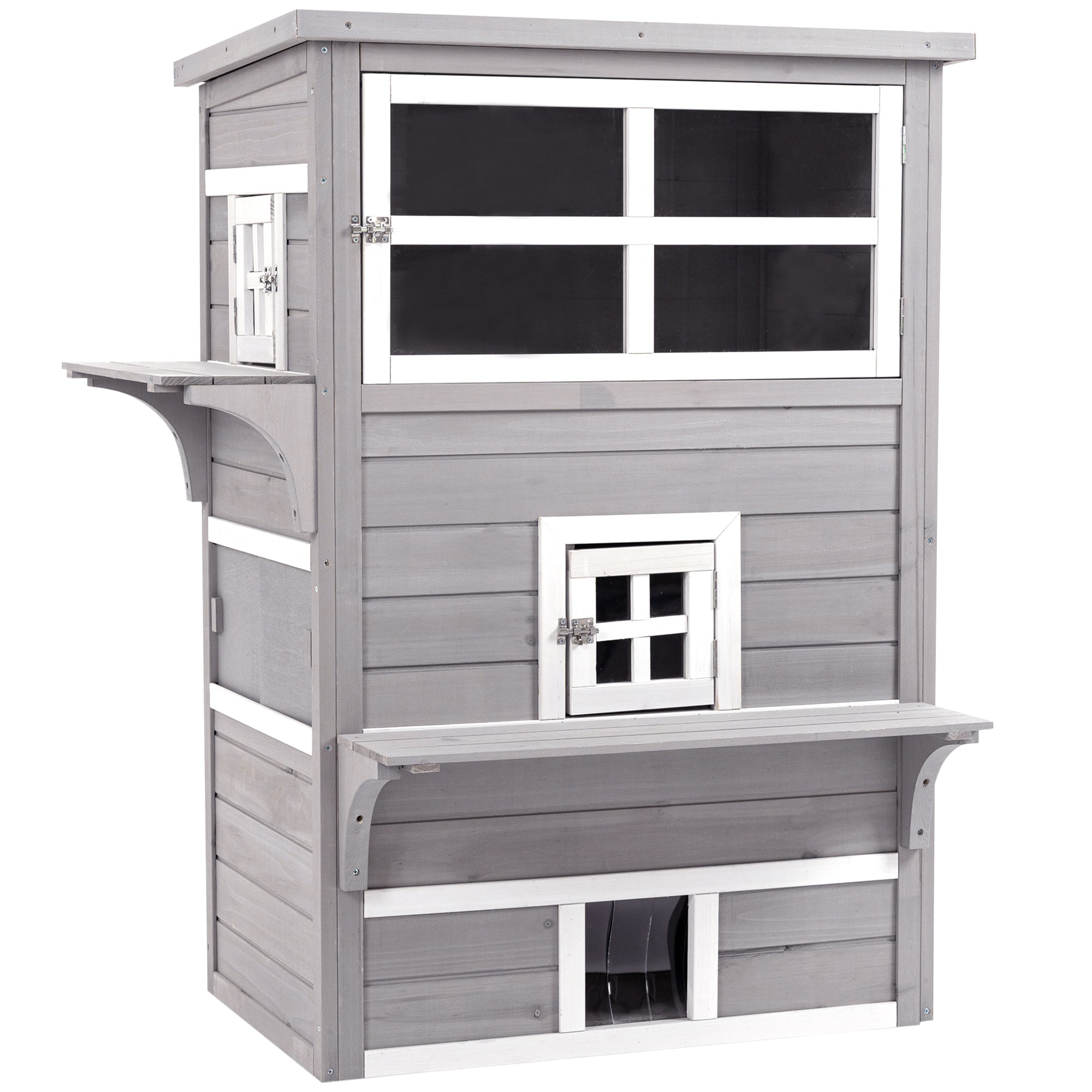 PawHut Three-Tier wooden Kitten Shelter, Outdoor Cat House, with Jumping Platforms, Asphalt Roof, Doors - Grey - North Peak Garden Furniture
