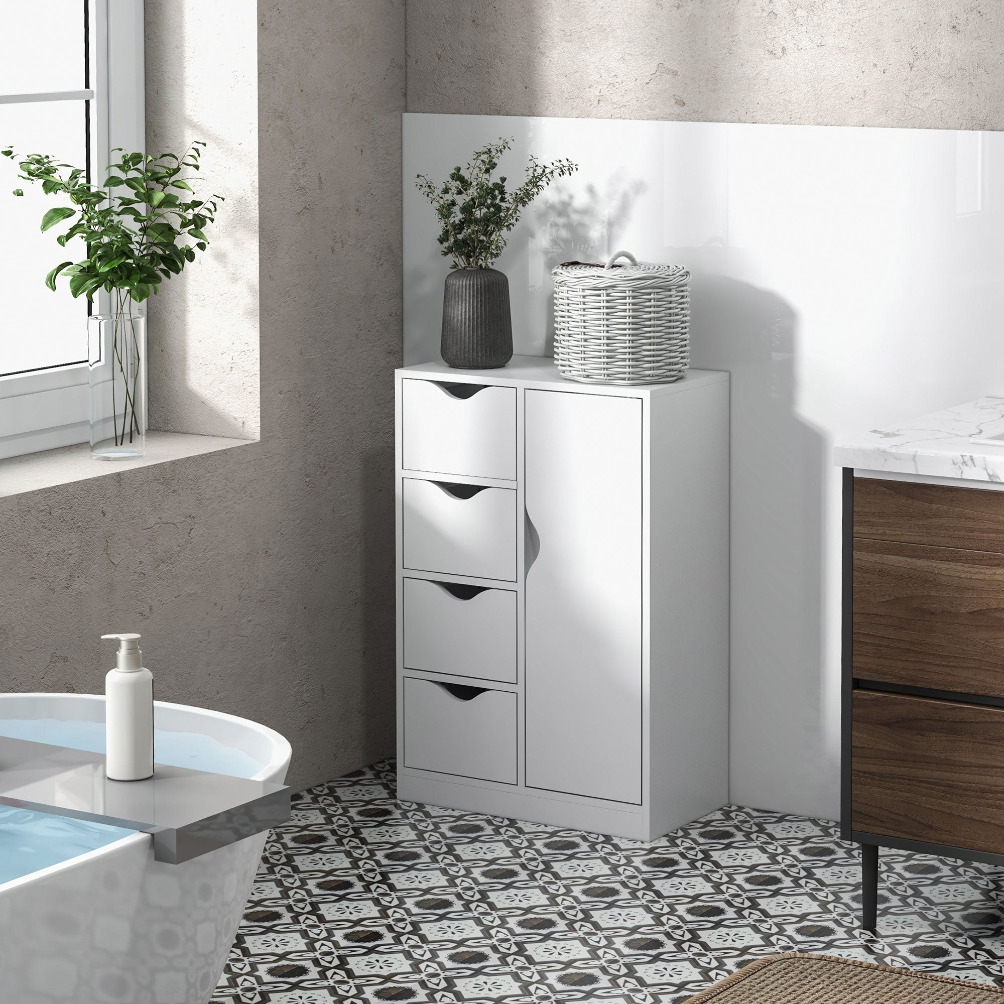 HOMCOM Bathroom Cabinet, Freestanding Storage Cabinet with 4 Drawers, Door Cupboard for Living Room, Kitchen, Bedroom, White - North Peak Garden Furniture
