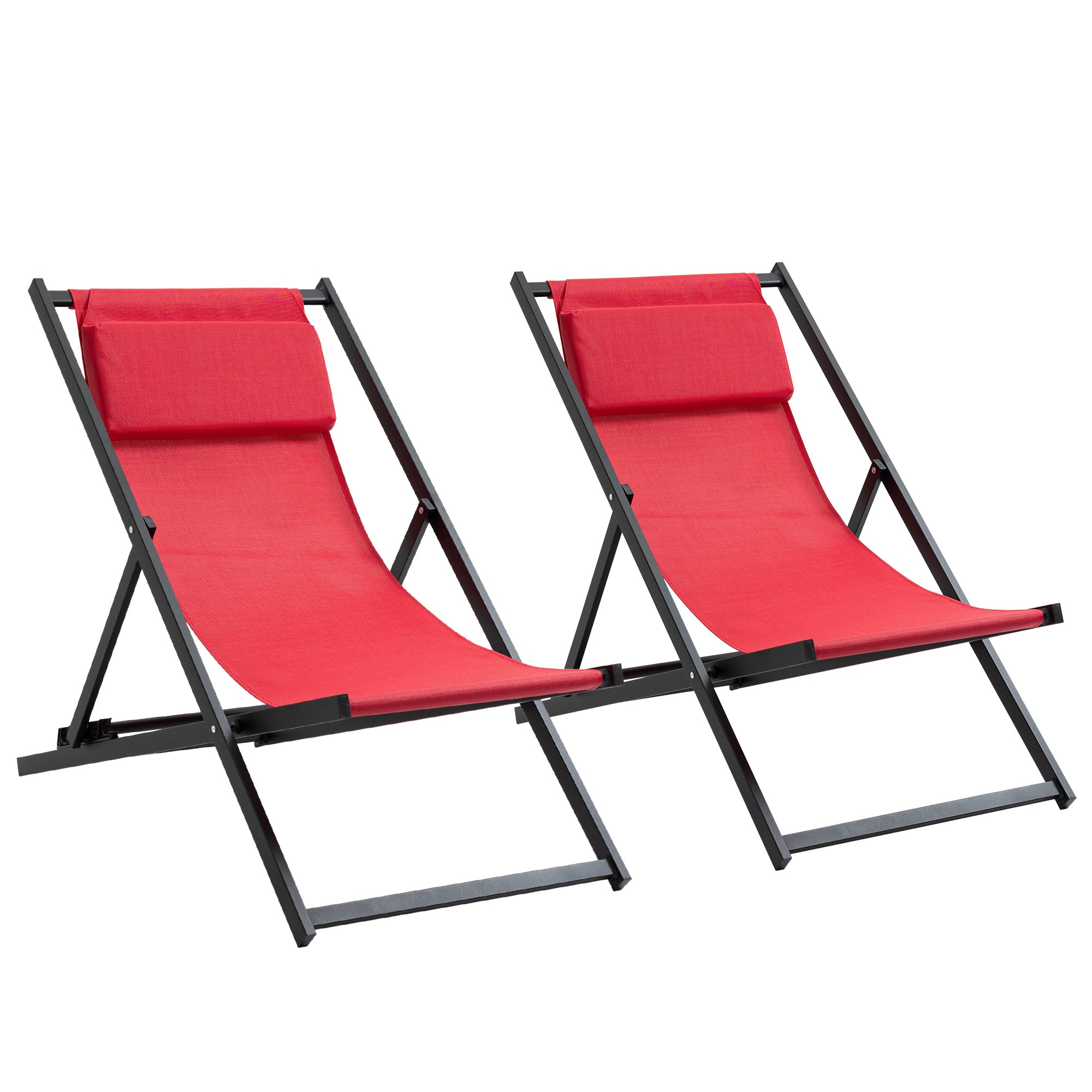 Outsunny Set of 2 Folding Garden Beach Aluminium Frame Deck Chairs Deckchairs Seaside Folding Garden Patio Lounger, Red - North Peak Garden Furniture