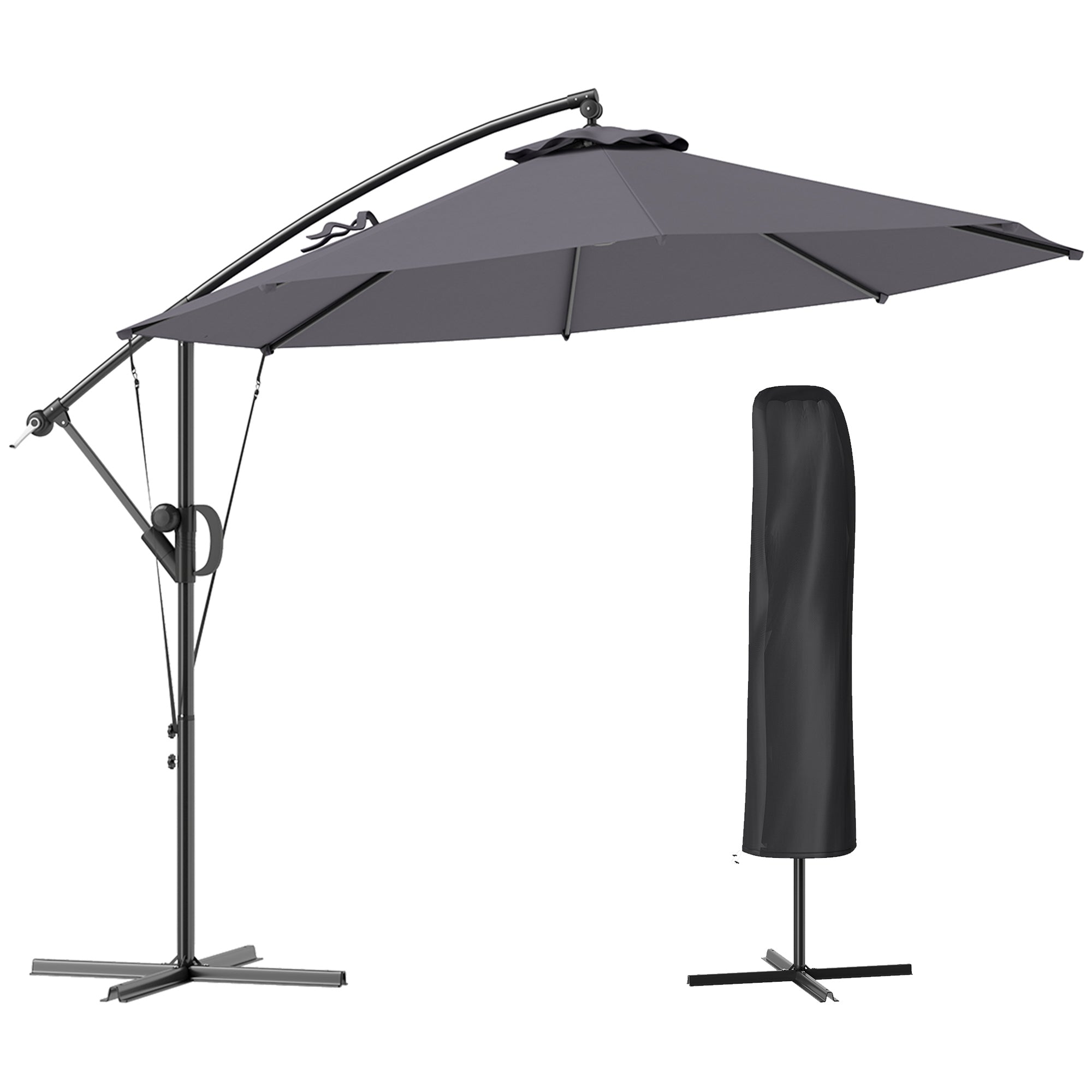 Outsunny 3(m) Garden Cantilever Parasol with Cover and Wind Protection Strap, Round Overhanging Umbrella with Crank Handle and Tilt, Banana Patio Umbrella for Outdoor Sun Shade, UPF50+, Grey - North Peak Garden Furniture