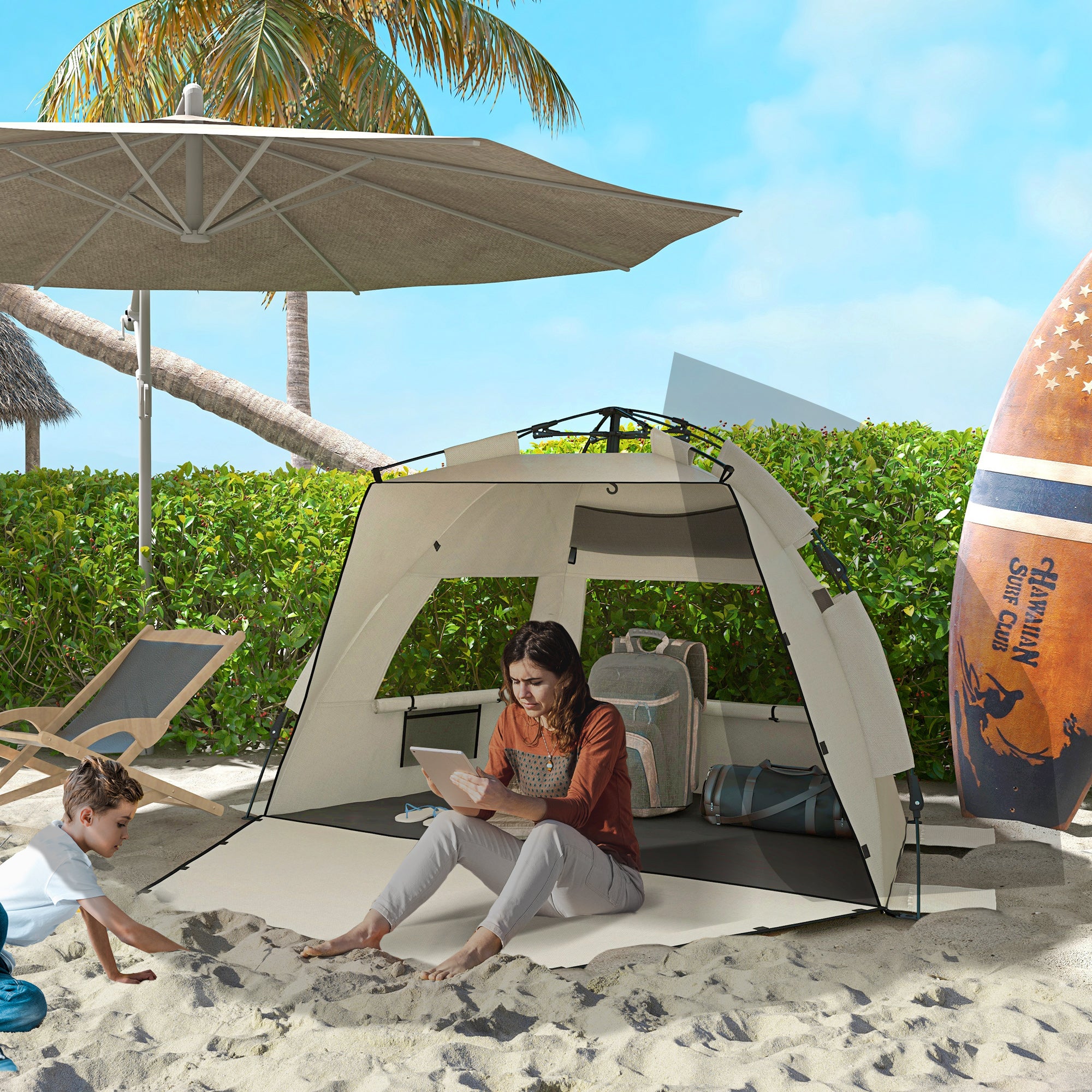 Outsunny Three-Man UPF15+ Beach Tent, with Extended Floor - Green - North Peak Garden Furniture