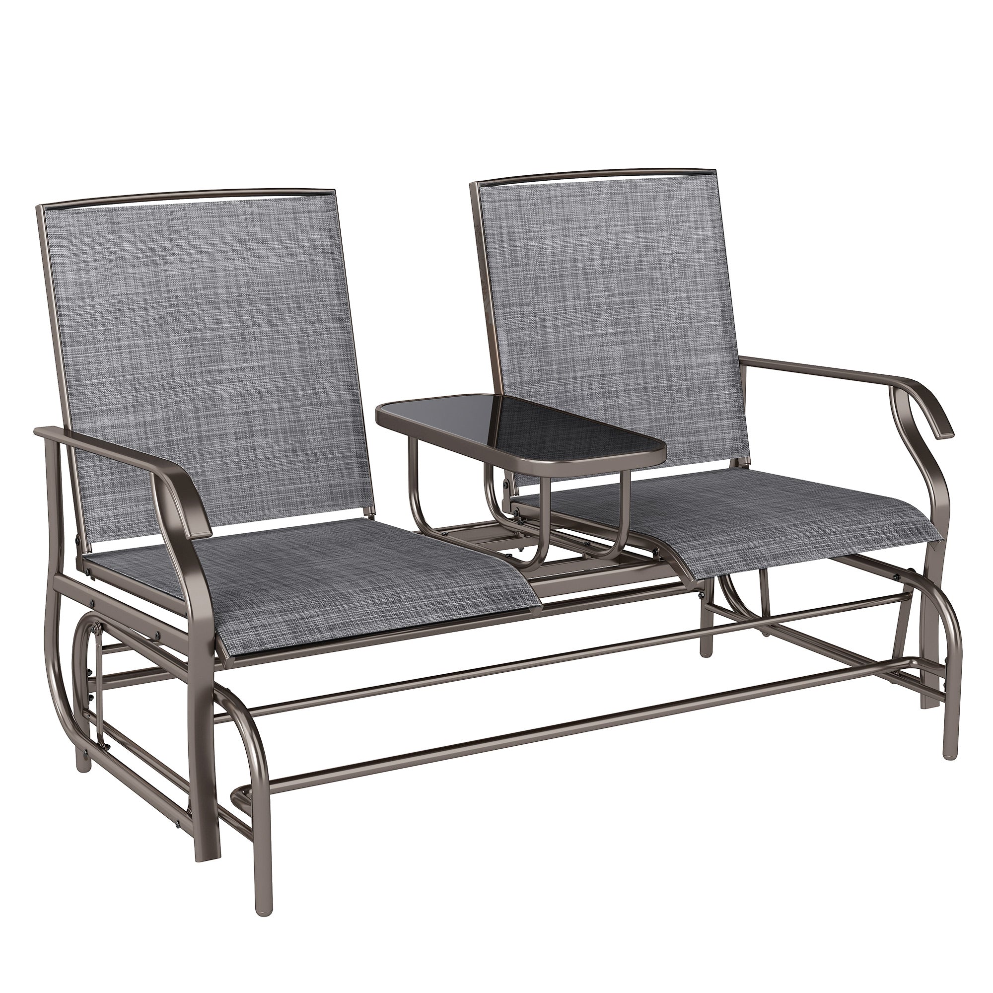 Outsunny 2 Seats Garden Glider Bench, Metal Frame Loveseat with Glass Top Centre Table, Porch Rocking Glider for 2 Person, for Deck, Patio, Brown/ Grey