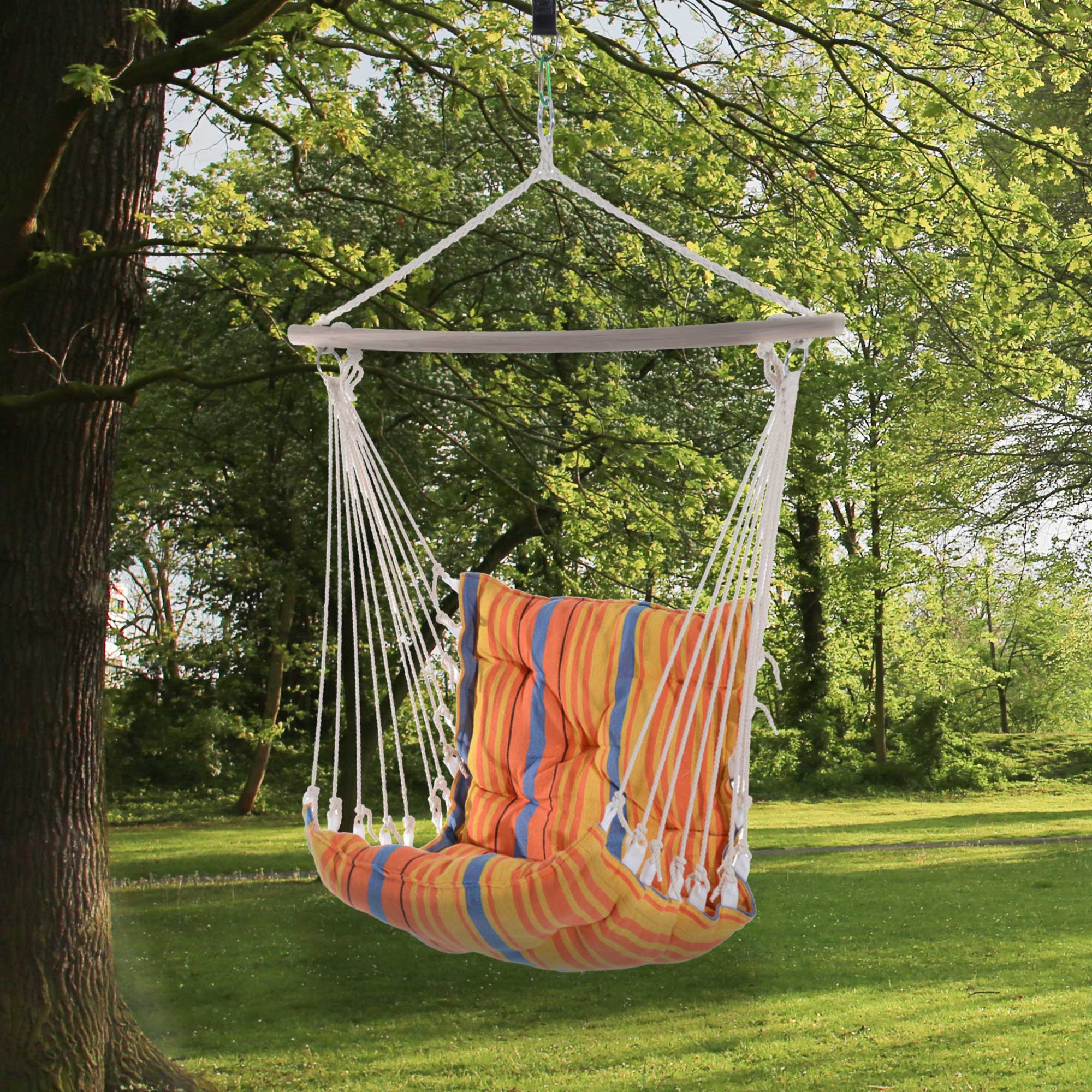 Outsunny Outdoor Hanging Rope Chair with Soft Padded Seat & Backrest, Garden Hammock Chair with Wooden Support Bar Cotton Cloth, Portable Garden Chair for Patio & Tree, Orange - North Peak Garden Furniture
