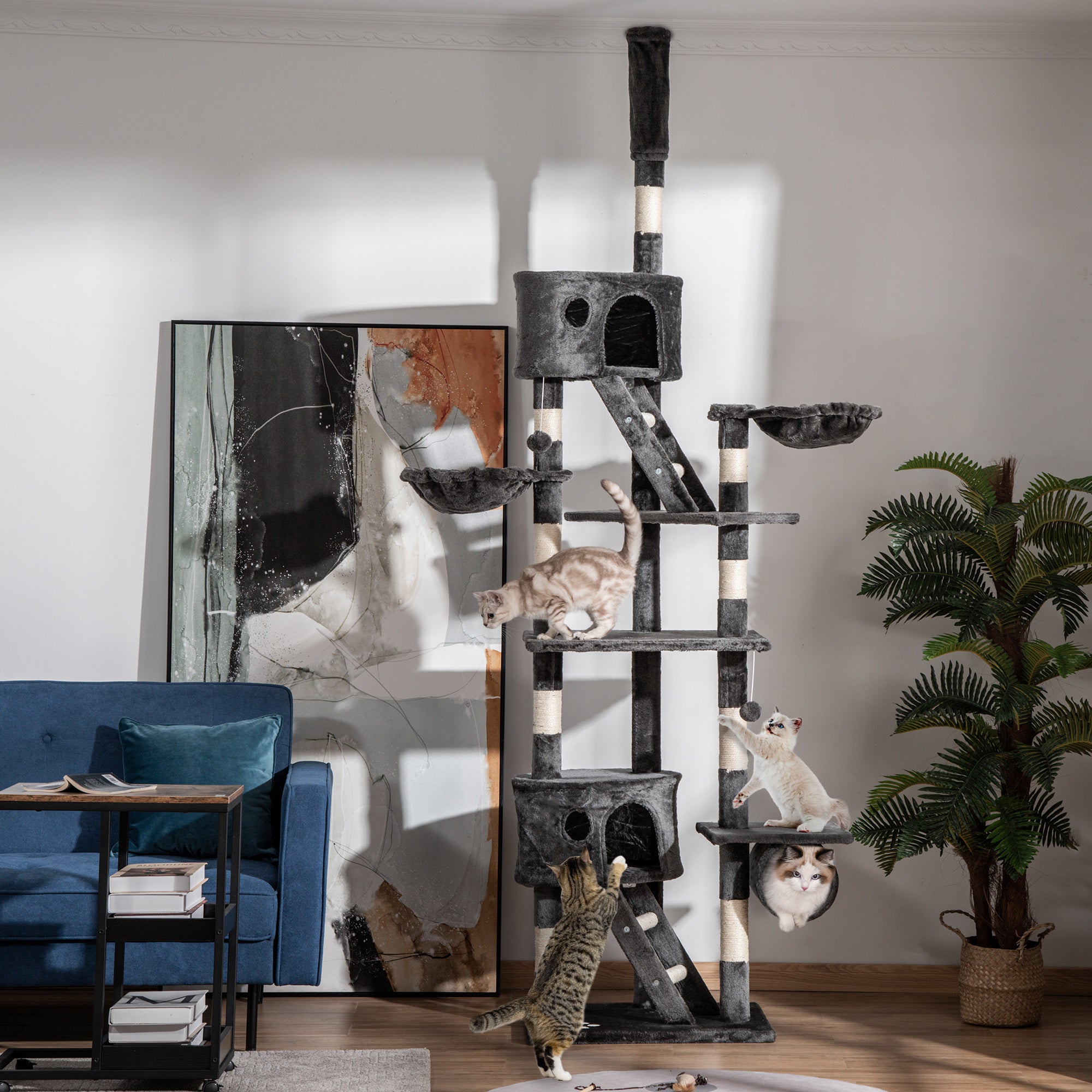 PawHut Floor-to-Ceiling Cat Tree for Indoor Cats, 240-260cm Adjustable Cat Tree - Dark Grey - North Peak Garden Furniture