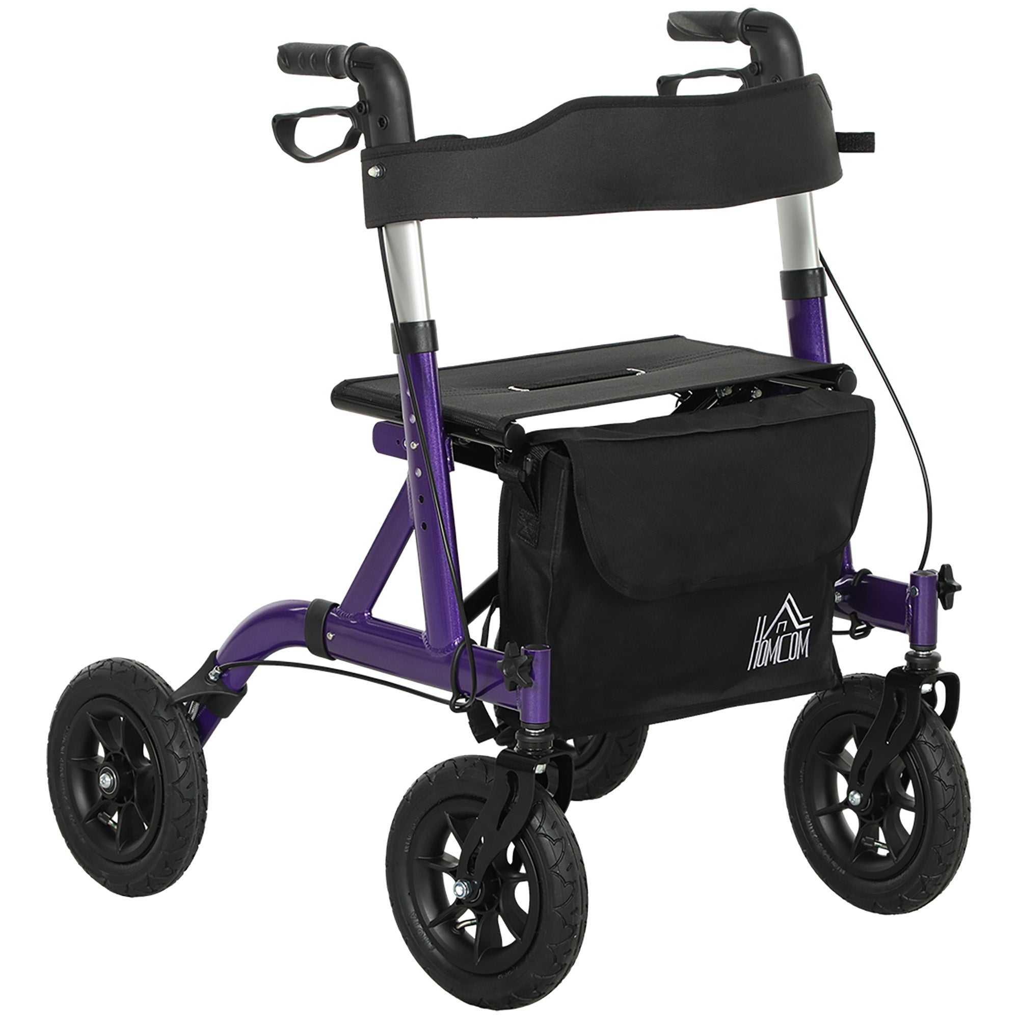 HOMCOM Folding Rollator Walker with Seat, Backrest, Lightweight Walking Frame with Storage Bag, Dual Brakes, All-terrain Wheels, Adjustable Handle Height, 4 Wheeled Walker for Seniors, Purple - North Peak Garden Furniture