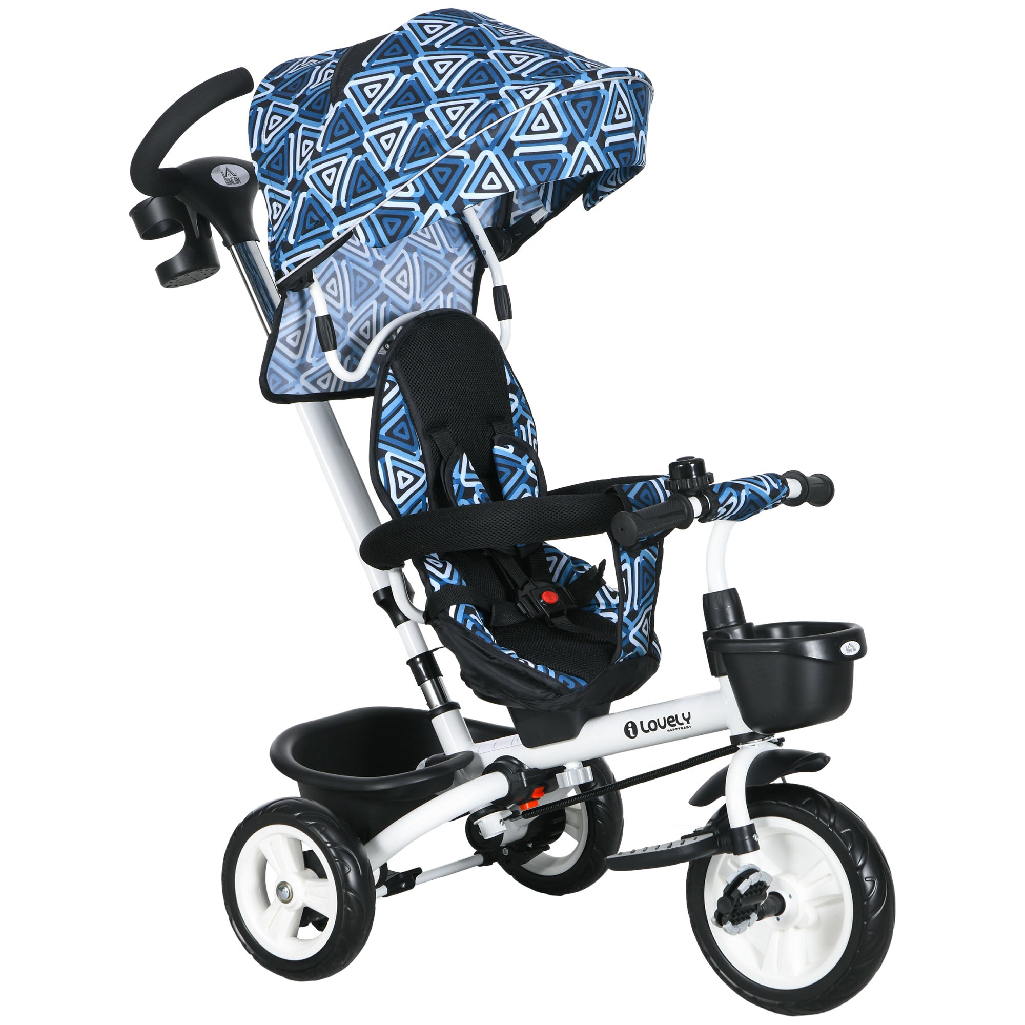 HOMCOM Metal Frame 6 in 1 Baby Push Tricycle with Parent Handle for 1-5 Years Old, Light Blue - North Peak Garden Furniture