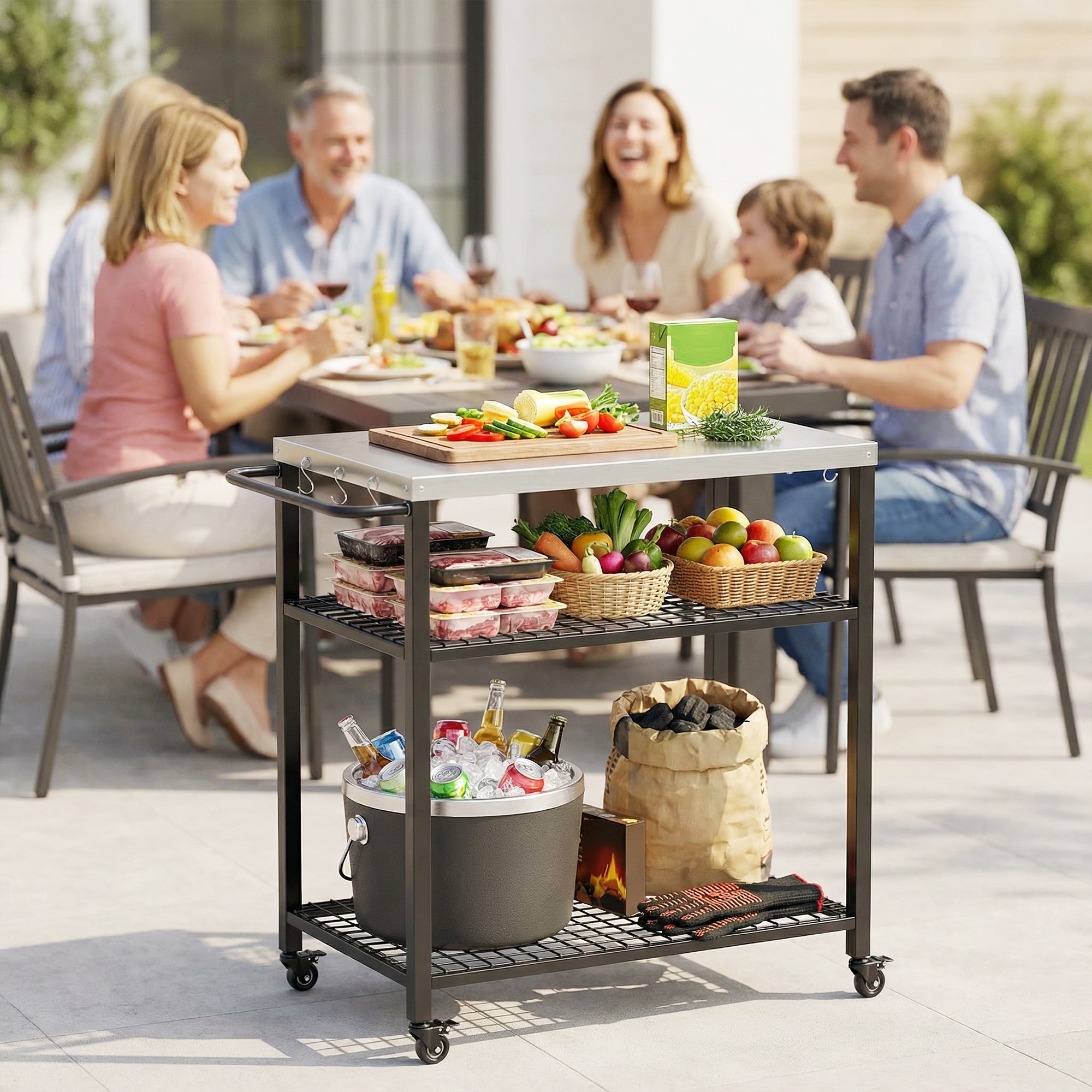 Outsunny Outdoor Grill Cart with Stainless Steel Tabletop, 3-Tier Pizza Oven Stand with 2 Shelves, 6 Hooks, Wheels, Black