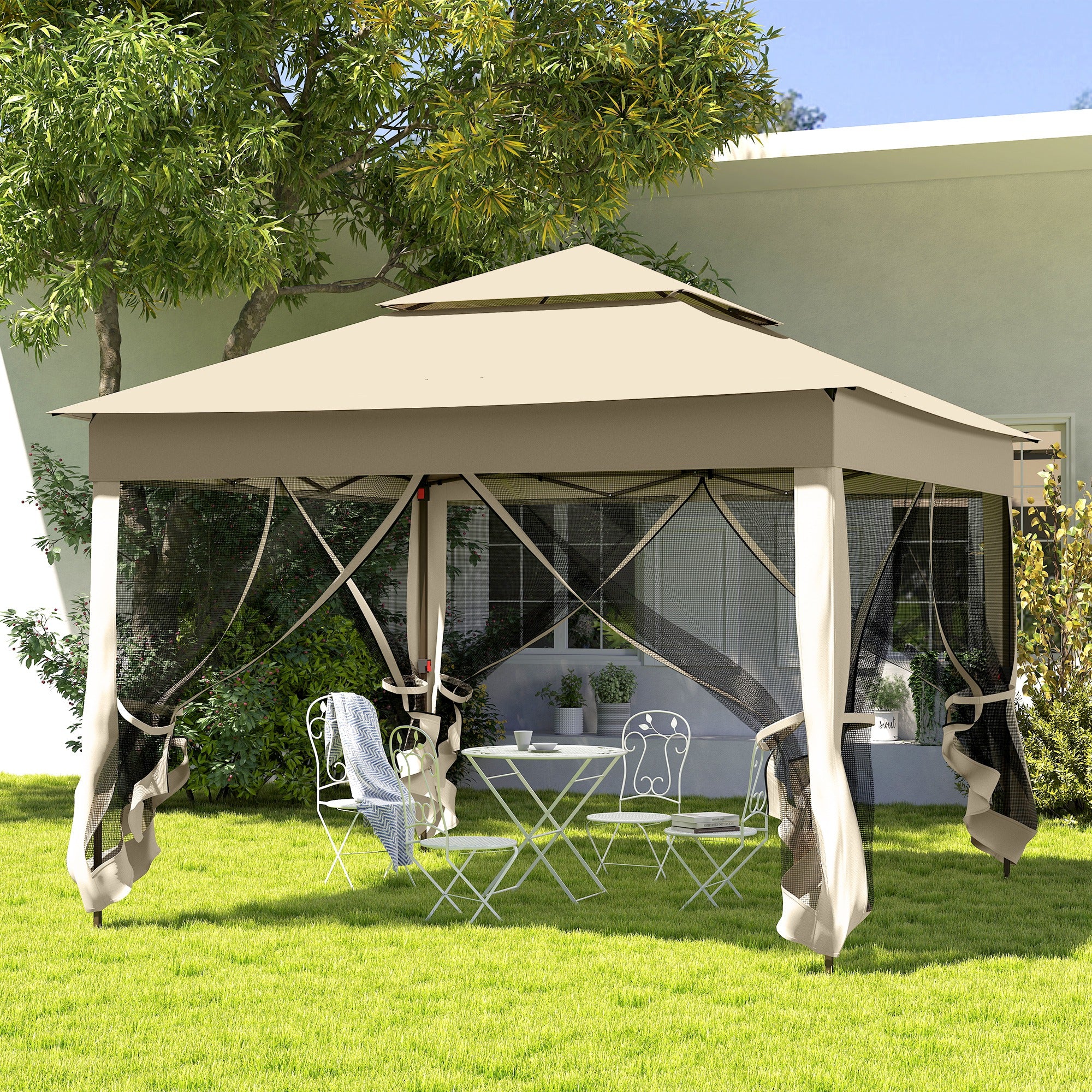 Outsunny 3 x 3(m) Pop Up Gazebo, Double-roof Garden Tent with Netting and Carry Bag, Party Event Shelter for Outdoor Patio, Cream White - North Peak Garden Furniture