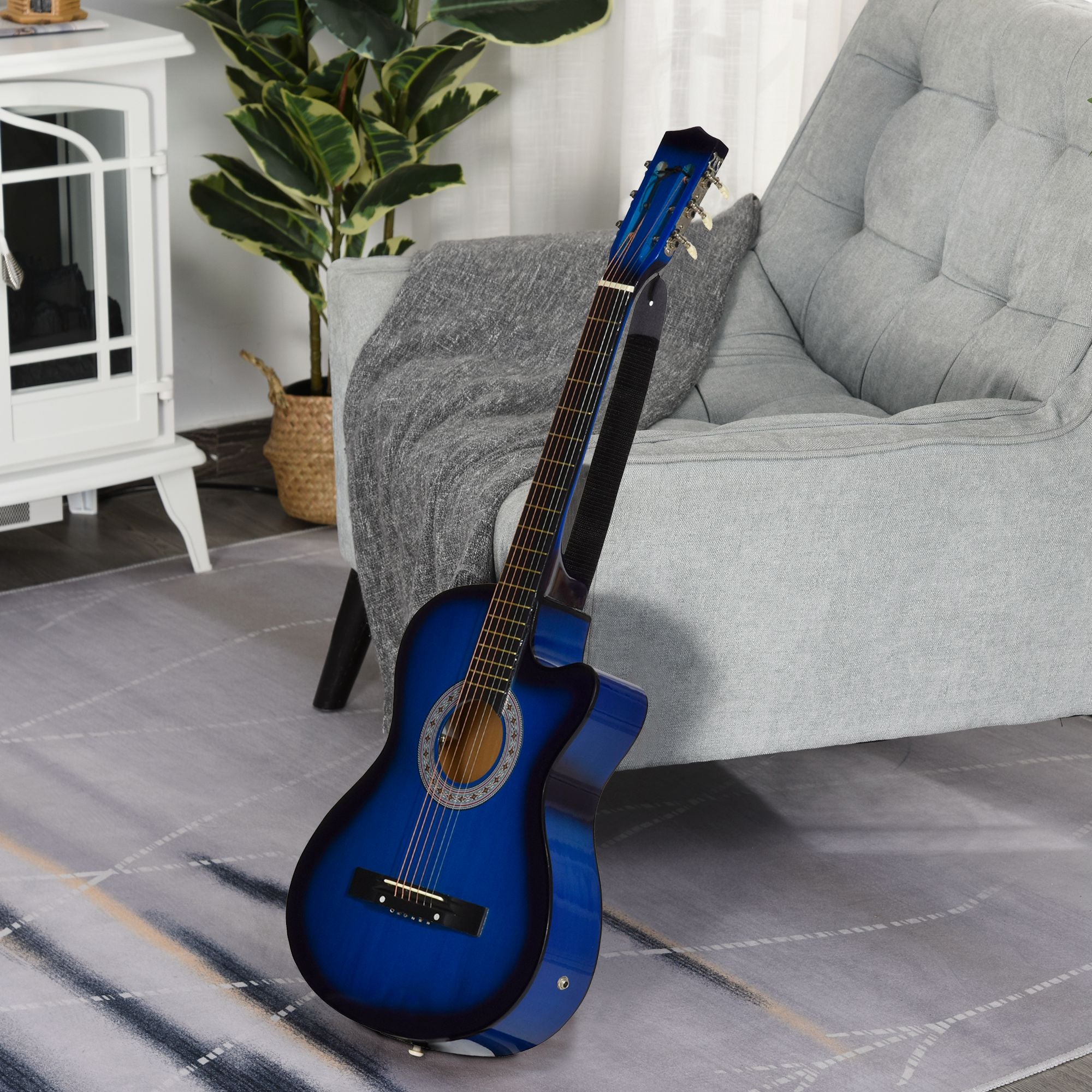 HOMCOM 38 Inch Full Size Blue Classical Acoustic Electric Guitar Kids Guitar and Junior Guitar Premium Gloss Finish w/Case - Blue - North Peak Garden Furniture