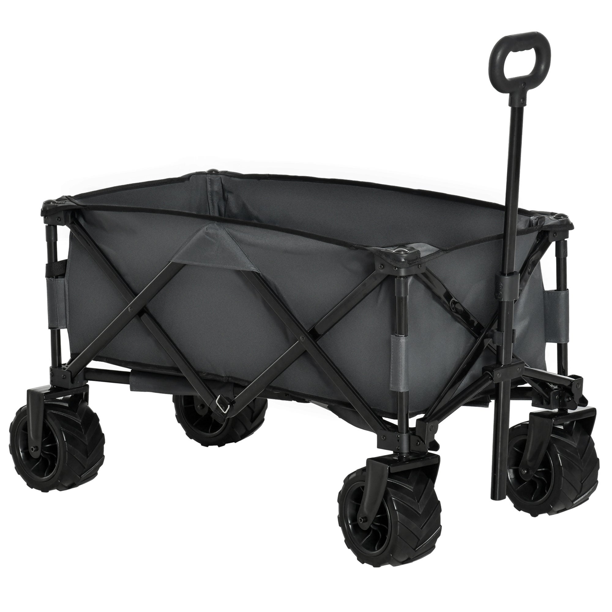 Outsunny Outdoor Pull Along Cart Folding Cargo Wagon Trailer Trolley for Beach Garden with Handle, Anti-Slip Wheel - Dark Grey - North Peak Garden Furniture