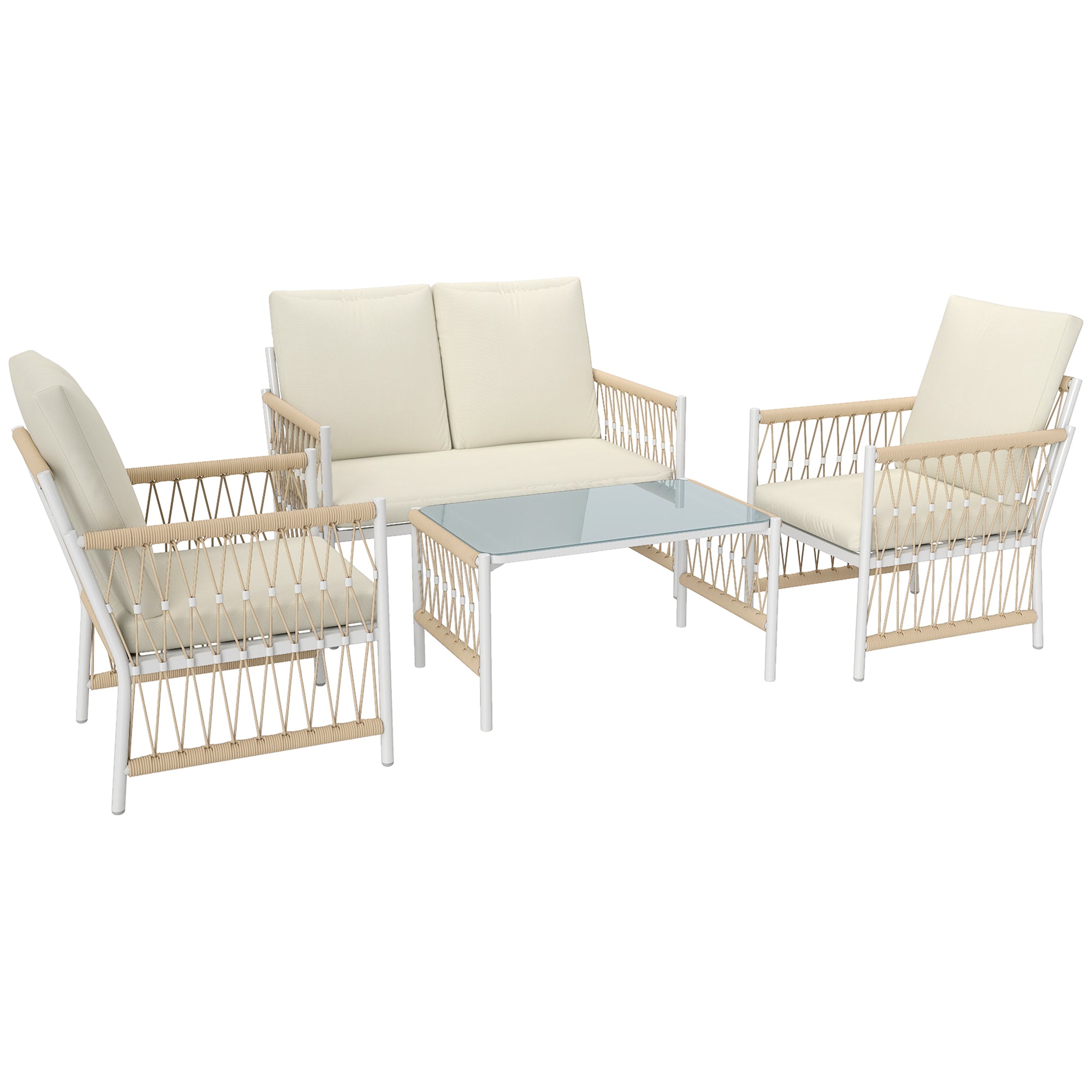 Outsunny 4 Piece Rattan Garden Furniture Set, 4 Seater Wicker Patio Conversation Set with 2 Armchairs, Loveseat, Glass Top Coffee Table and Cushions for Outdoor, Balcony, Khaki - North Peak Garden Furniture