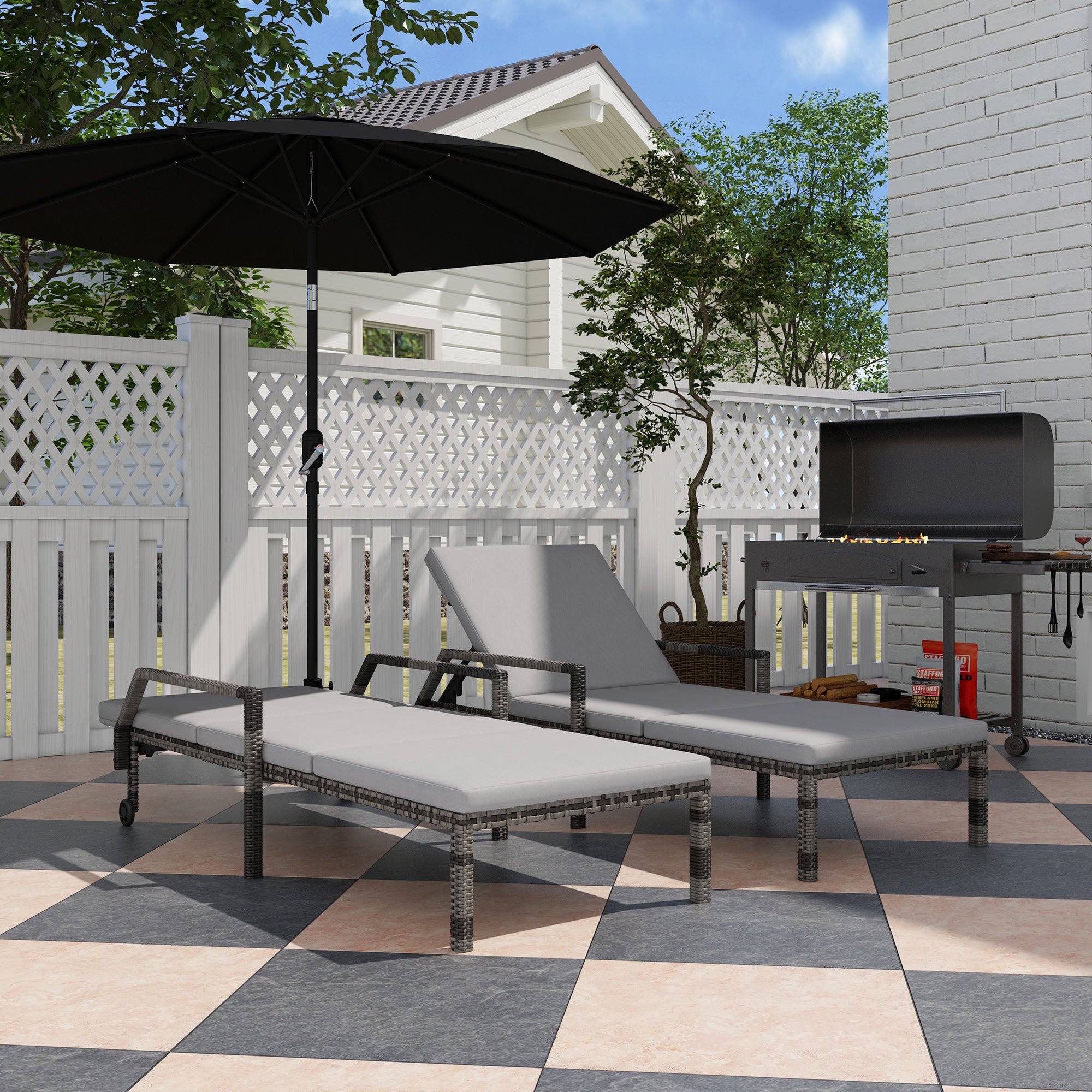 Outsunny Outdoor PE Rattan Sun Lounger Set of 2, Wicker Chaise Recliner Garden Chair with 5-Level Adjustable Backrest and 2 Wheels, Grey - North Peak Garden Furniture