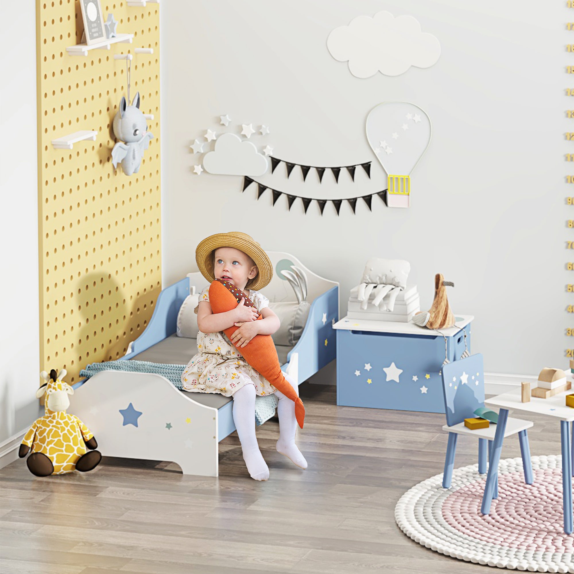 HOMCOM Toddler Bed Frame, Kids Bedroom Furniture for Boys Girls with Safe Guardrails, Low Junior Blue - North Peak Garden Furniture