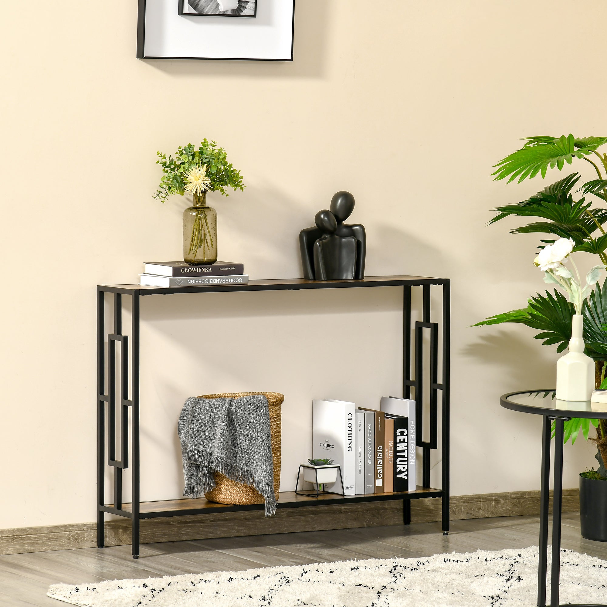 HOMCOM Industrial Console Table with Storage Shelf, Narrow Hallway Dressing Desk with Metal Frame for Living Room, Bedroom, Rustic Brown - North Peak Garden Furniture