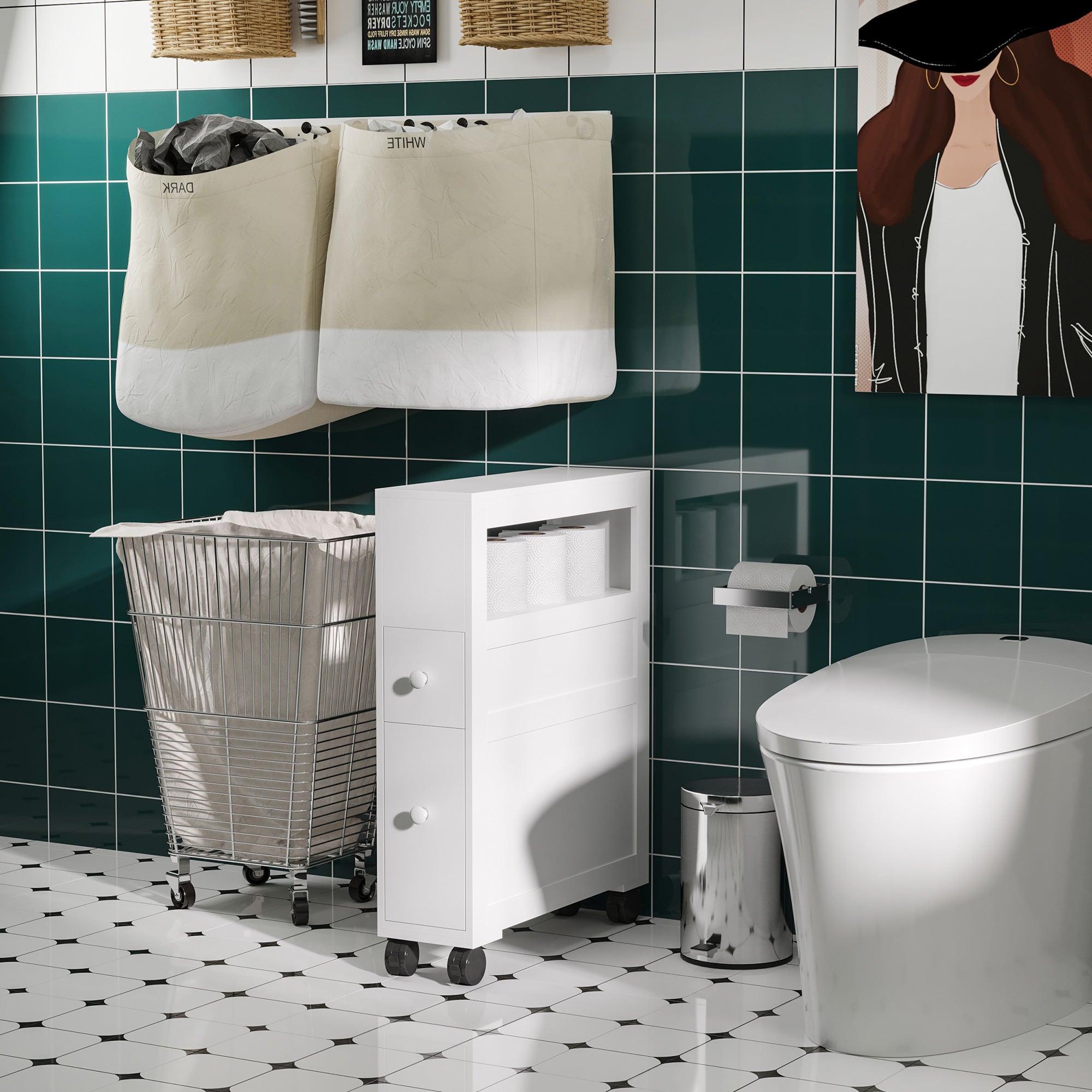HOMCOM 72x16cm Narrow Bathroom Storage Unit w/ 2 Drawers Open Top 4 Wheels Slimline Modern Rolling Home Organisation - North Peak Garden Furniture