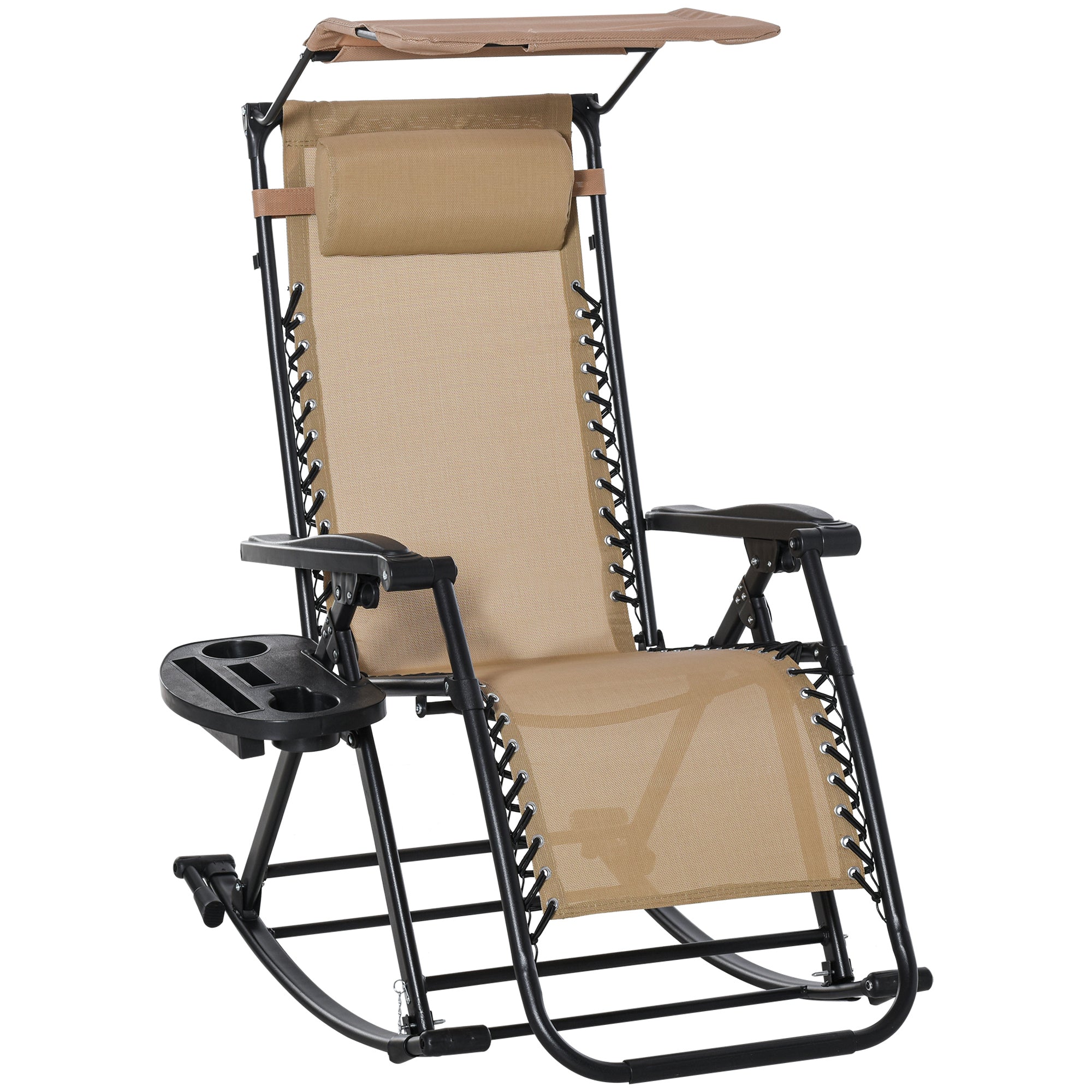 Outsunny Garden Rocking Chair Folding Recliner Outdoor Adjustable Sun Lounger Rocker Zero-Gravity Seat with Headrest Side Holder Patio Deck - Beige - North Peak Garden Furniture