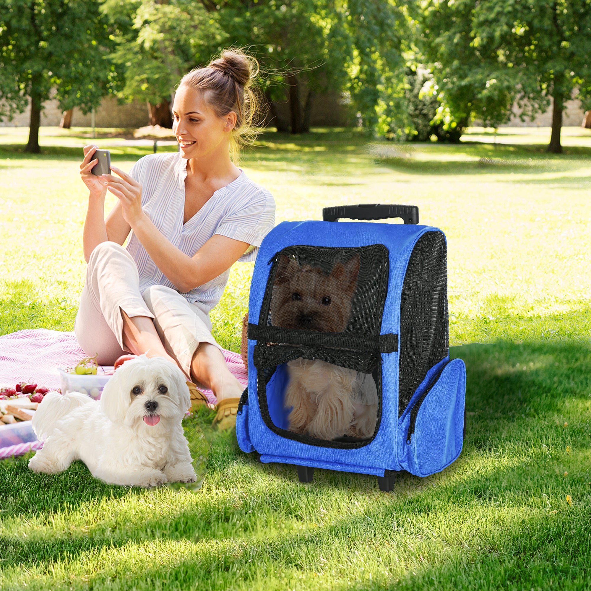 PawHut Pet Travel Backpack Bag Cat Puppy Dog Carrier w/ Trolley and Telescopic Handle Portable Stroller Wheel Luggage Bag (Blue) - North Peak Garden Furniture