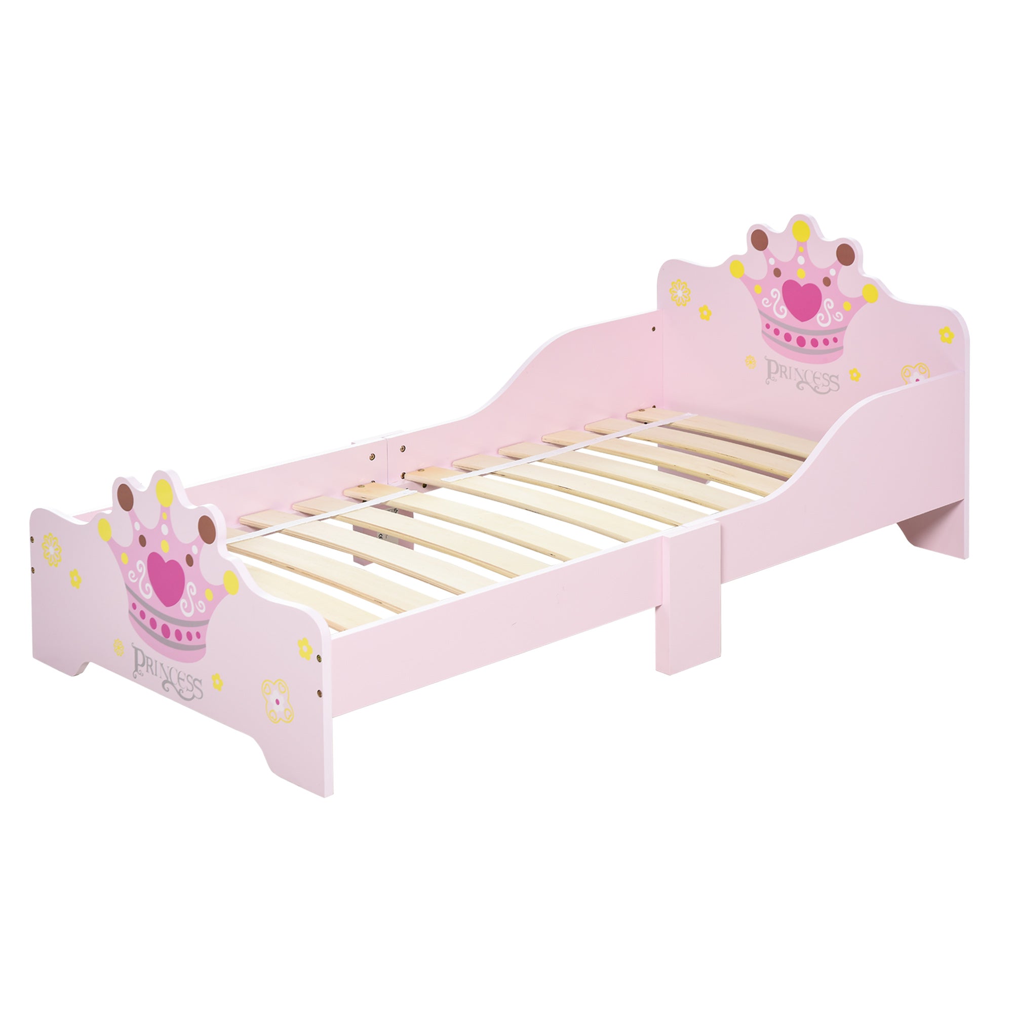 HOMCOM Kids Toddler Bed Princess Crown Theme Safety Side Rails Slats Home Bedroom Furniture Boys Girls 3-6 Yrs Pink 143 x 73 x 60 cm - North Peak Garden Furniture