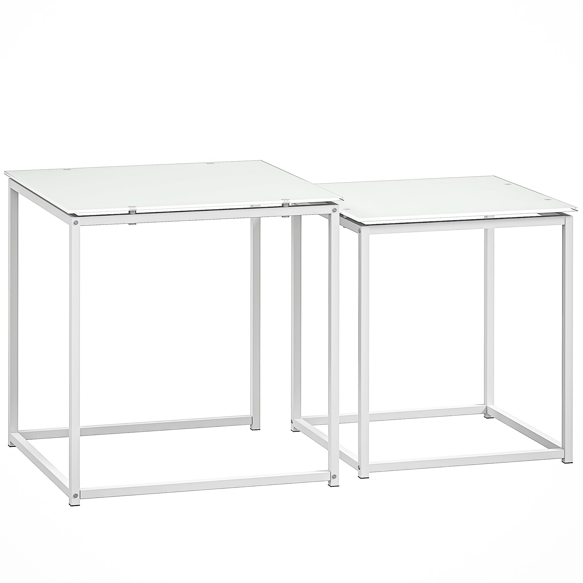 HOMCOM Nest of Tables, Set of 2 Coffee Table, Side Tables with Tempered Glass Desktop and Metal Frame for Living Room, Bedroom, Office, White - North Peak Garden Furniture