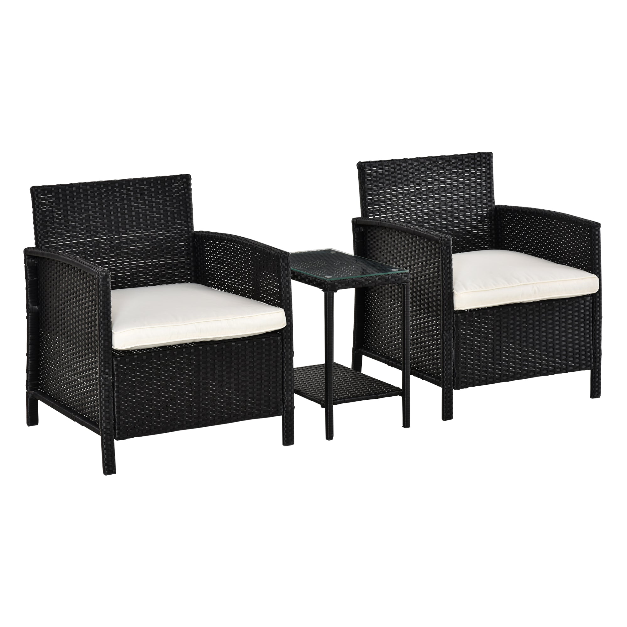 Outsunny 2-Seater PE Rattan Side Table & Armchair Bistro Set Jack and Jill Seat w/ Pillows Black - North Peak Garden Furniture