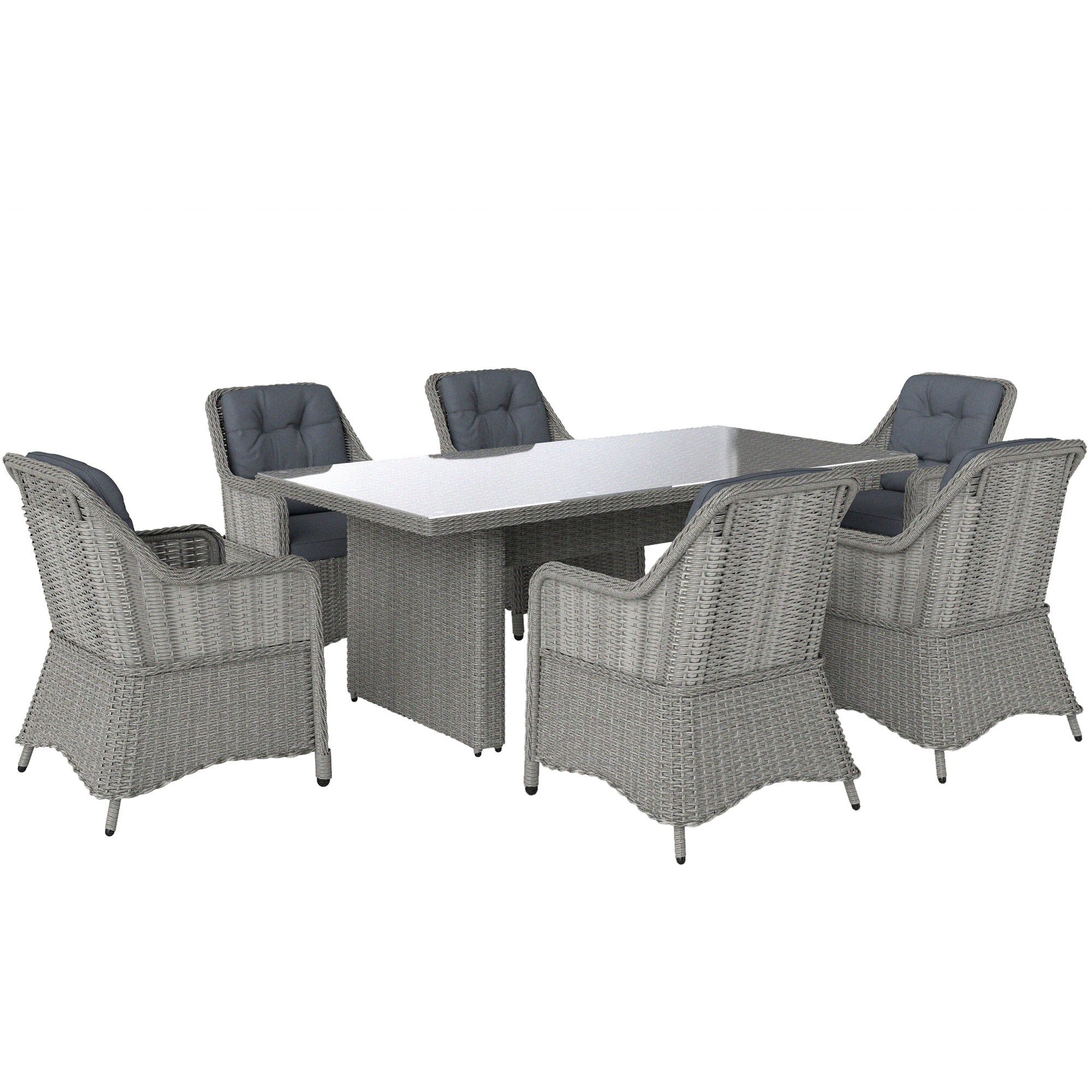 Outsunny 6 Seater Rattan Dining Set, Round PE Rattan Garden Furniture Set with Seat and Back Cushions, Aluminium Outdoor Dining Table and Chairs with 6 Armchairs, Rectangular Glass Top Table, Grey - North Peak Garden Furniture