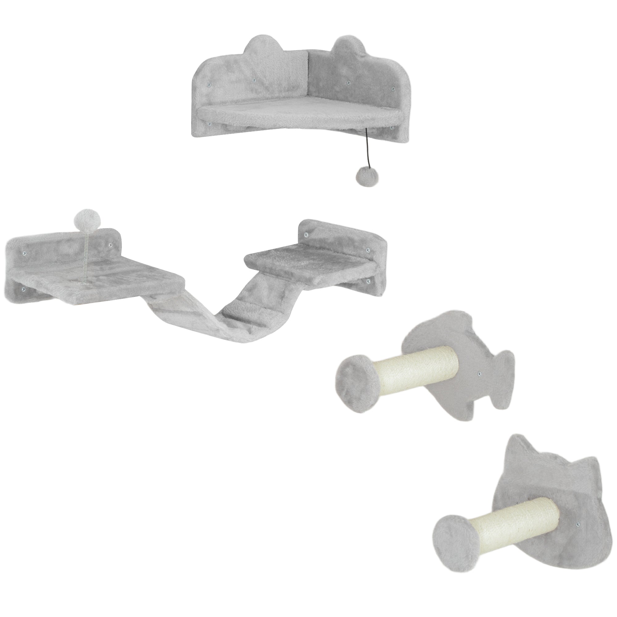 PawHut 4-Piece Cat Wall Shelves with Steps, Ladder, Jumping Platforms, Light Grey - North Peak Garden Furniture
