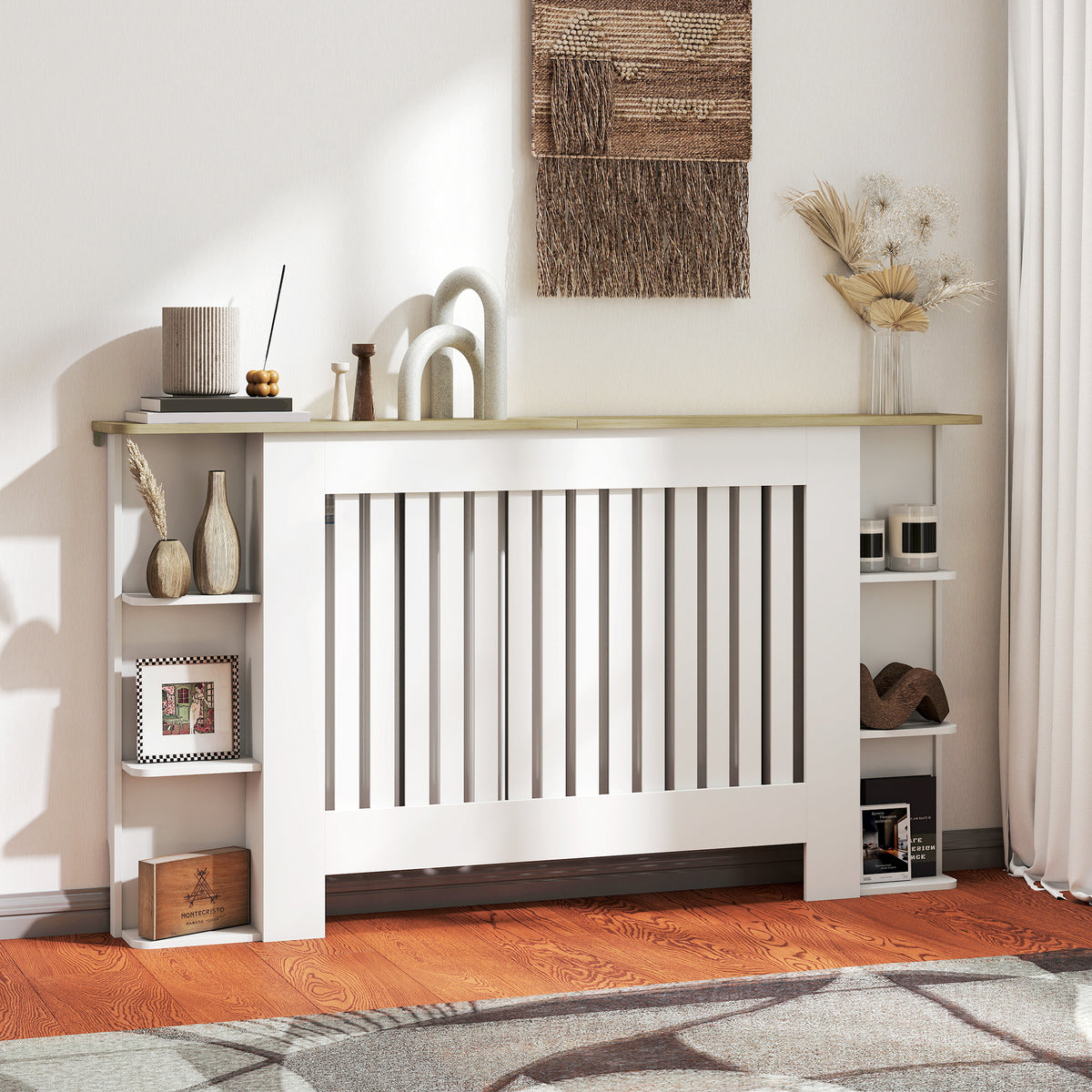 HOMCOM Radiator Cover with Open Storage Shelves, Vertical Slatted Cabinet Shelf Heater Cover for Living Room, Hallway, Large, White
