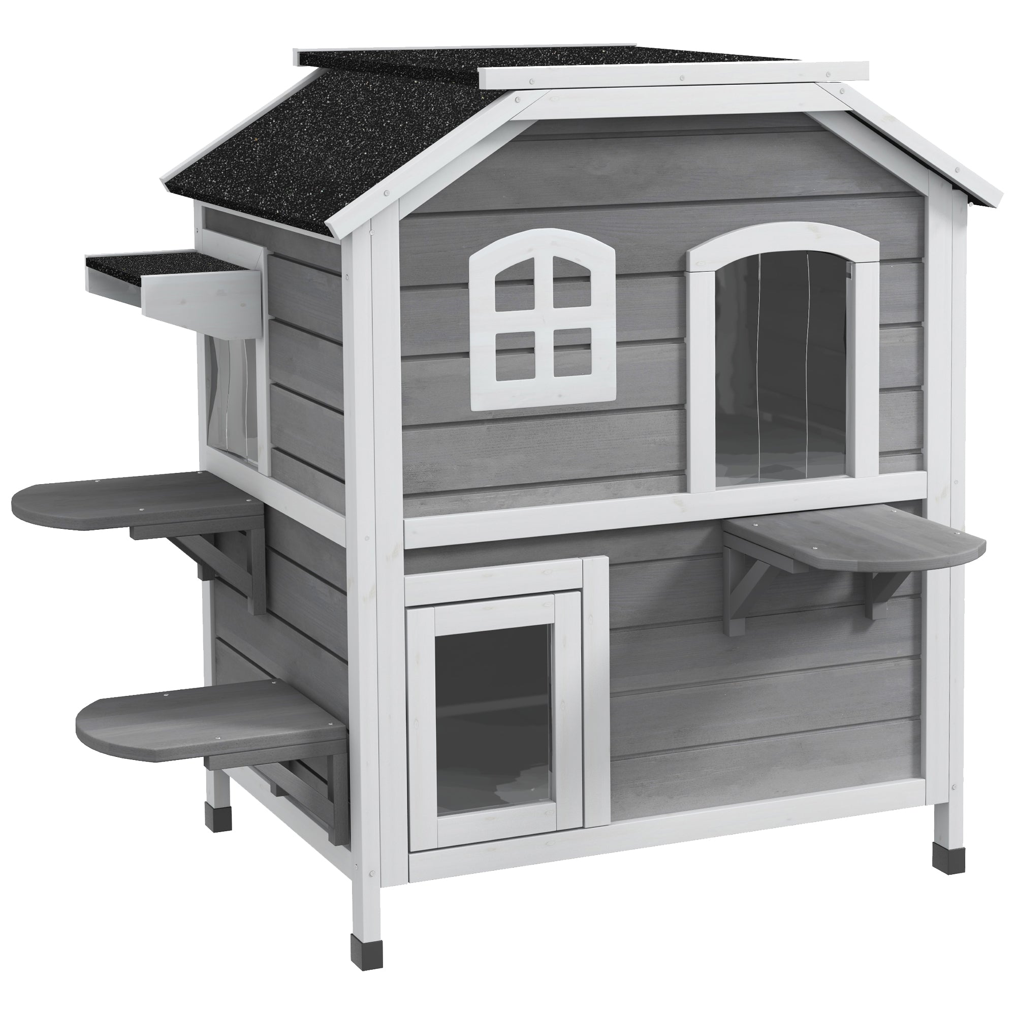 PawHut 2-story Cat House Outdoor, Weatherproof Wooden Cat Enclosure for Feral Cats with Escape Door, Openable Roof, Jumping Platforms, Grey