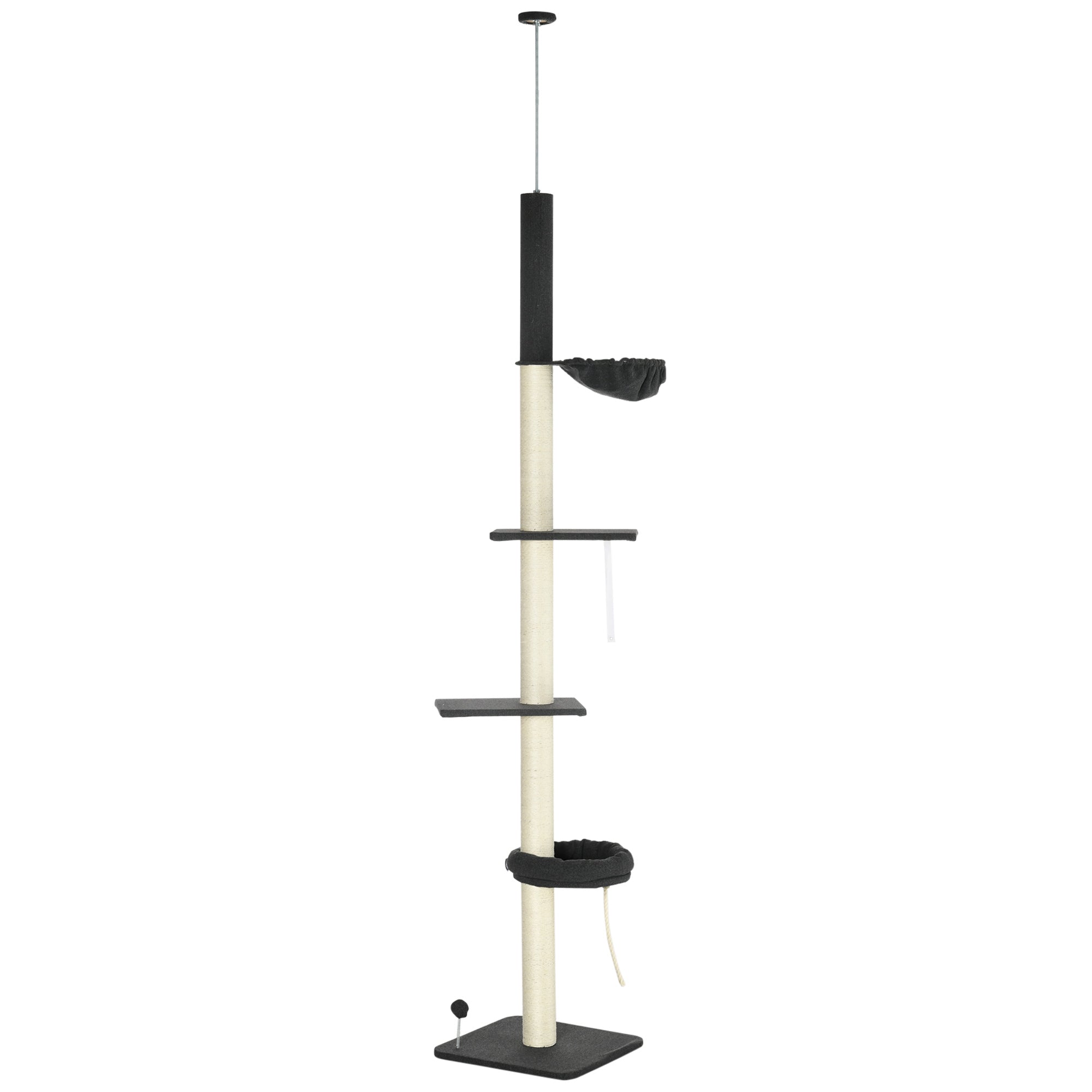 PawHut 240-270cm Floor-To-Ceiling Cat Tree, 5 Tier Cat Climbing Tower, with Bed, Hammock, Platforms, Black and Cream - North Peak Garden Furniture