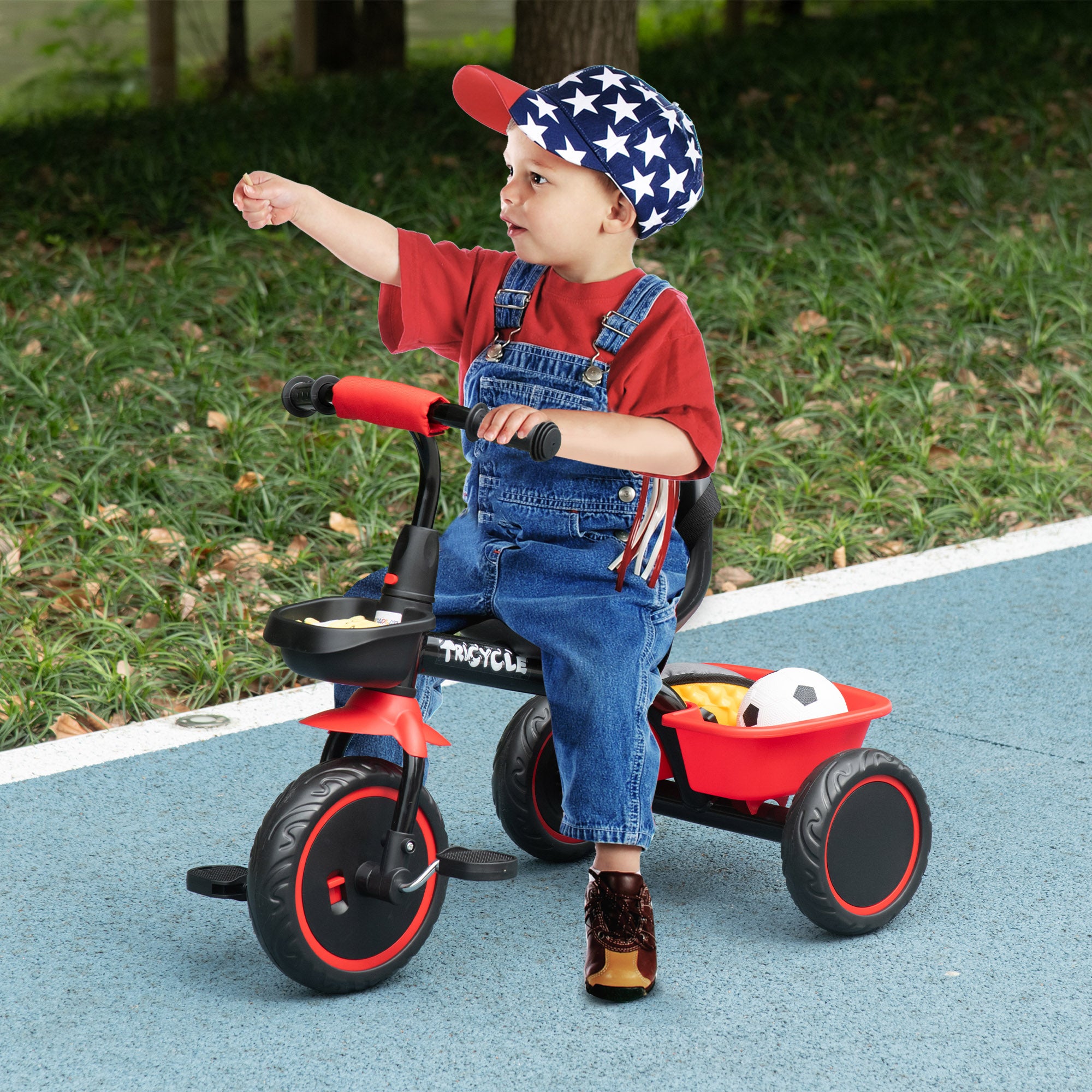 AIYAPLAY Kids Trike for 2-5 Years with Adjustable Seat, Pedal, Baskets, Red - North Peak Garden Furniture