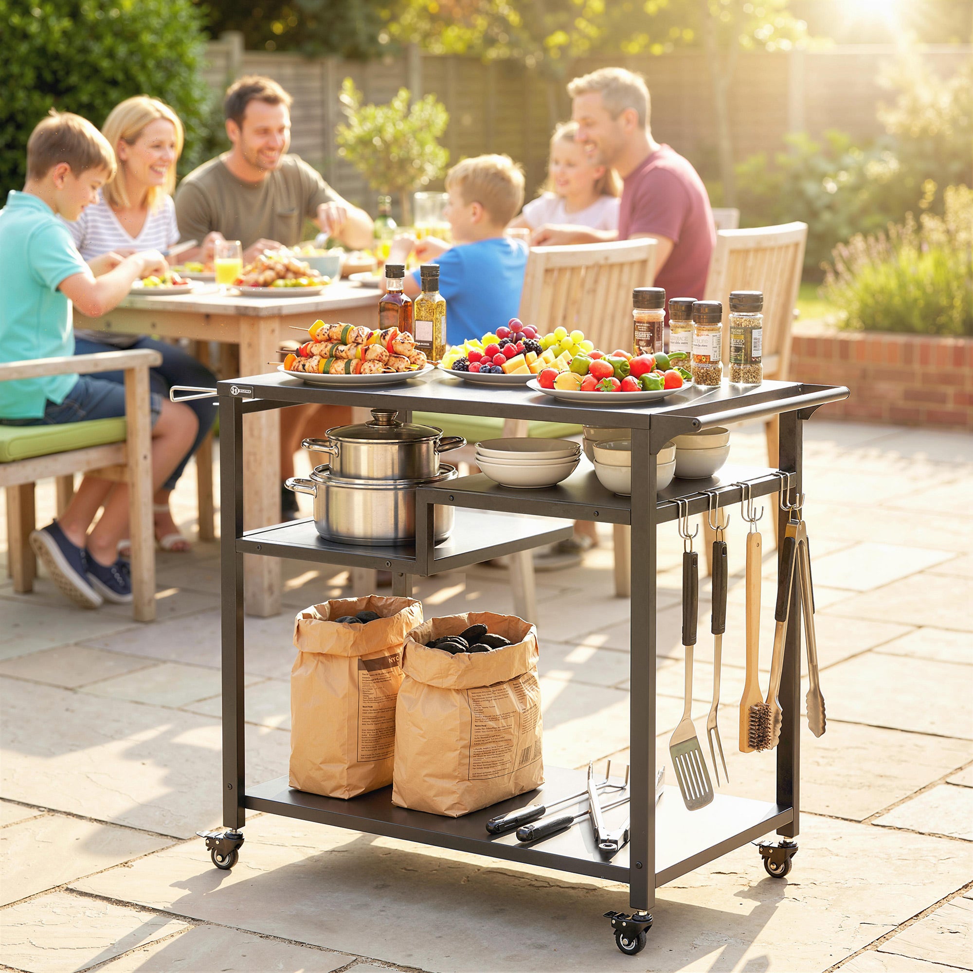 Outsunny Outdoor Grill Cart, Three-Tier Pizza Oven Stand with Steel Tabletop, Hooks, Rubbish Bag Holder, Wheels, Black