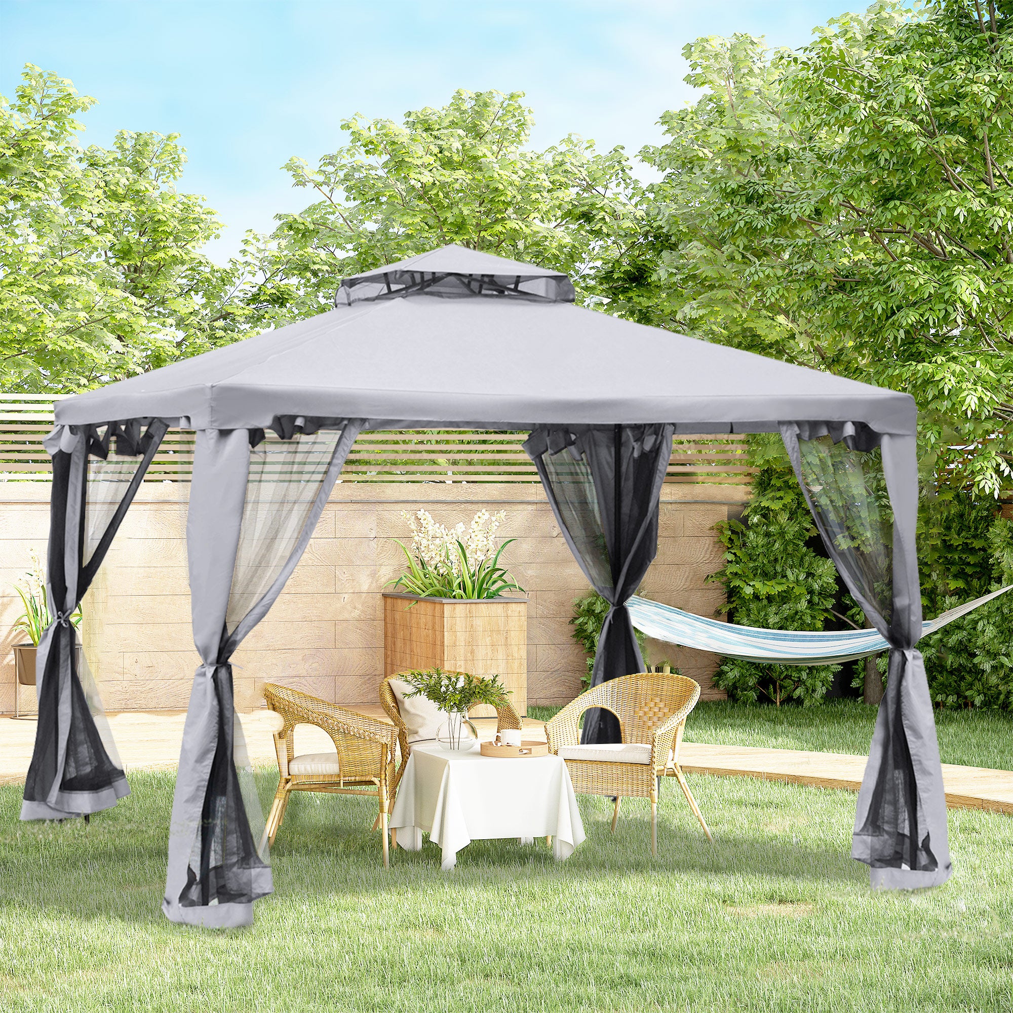 Outsunny 3 x 3 m Metal Gazebo, Garden Pavillion, Double Roof Outdoor Canopy Shelter with Mesh Sidewalls, Grey - North Peak Garden Furniture