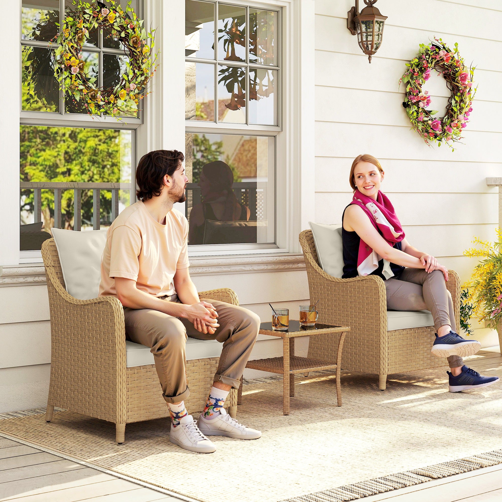 Outsunny Rattan Garden Chairs Set of 2, Outdoor Rattan Chairs with Cushions, Armrests and High Back, PE Wicker Garden Armchair with Steel Frame for Balcony, Porch, Beige