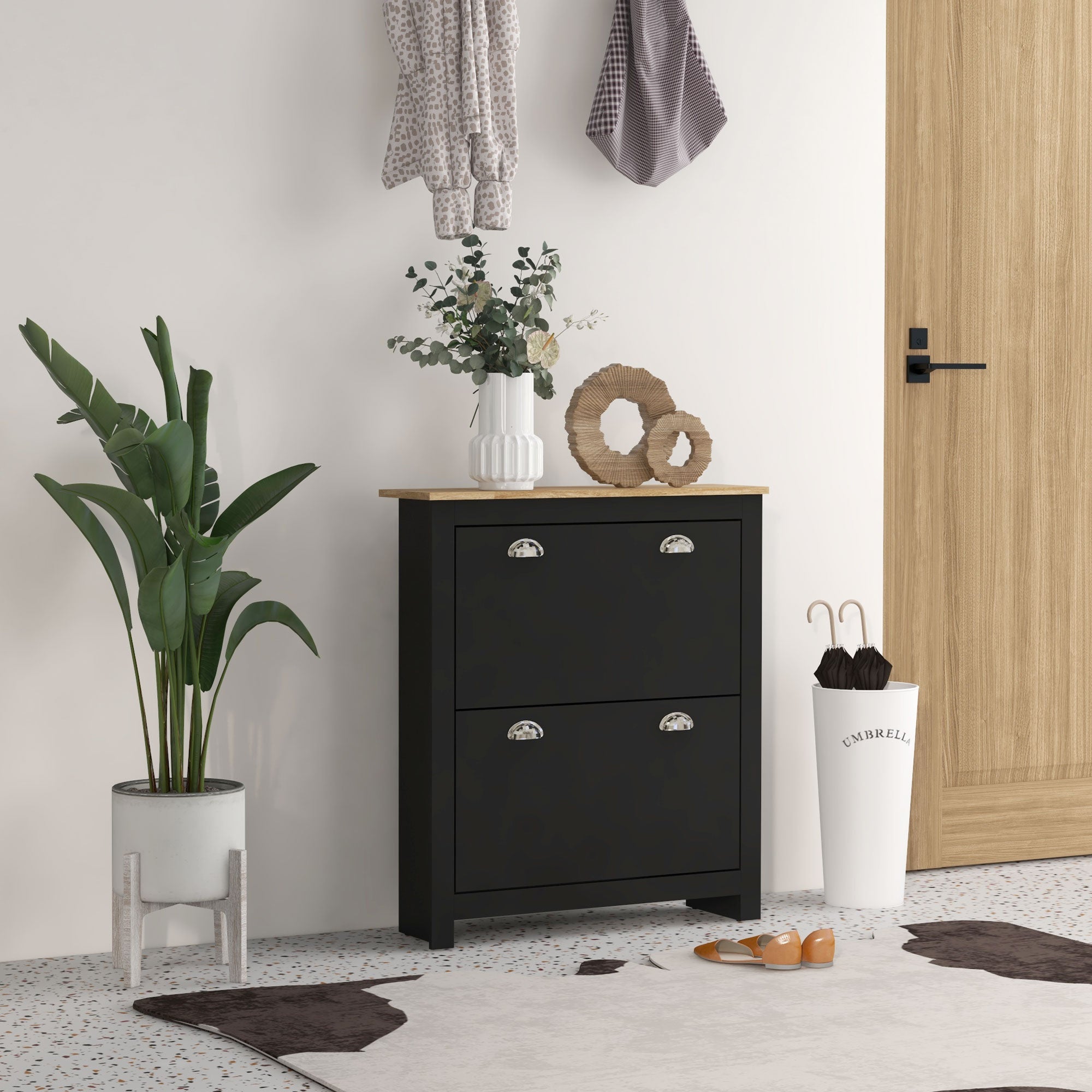 HOMCOM 2 Drawer Shoe Cabinet Modern Narrow Shoe Cupboard Hallway Wooden Storage Organiser with Flip Doors Adjustable Shelf for 12 Pairs, Black