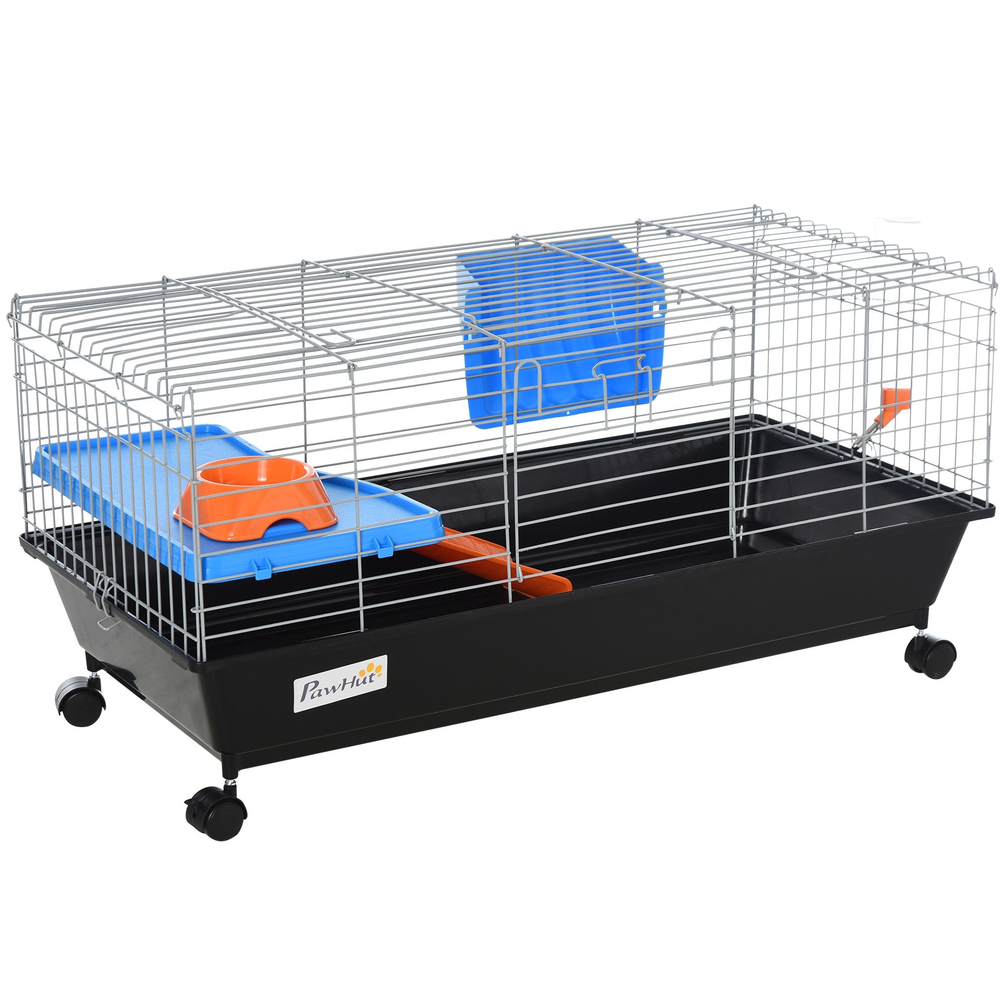 PawHut Small Animal Cage Rabbit Guinea Pigs Chinchillas Cage w/ Wheels Water Bottle Food Dish Platform Ramp 89 x 44 x 43 cm Black - North Peak Garden Furniture