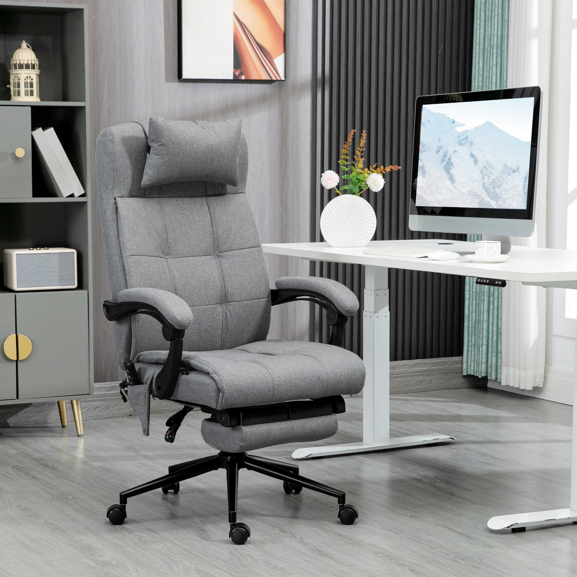 Vinsetto Office Chair, 6 Point Massage Desk Chair, Computer Chair with Footrest & Head Pillow, 360° Swivel Recliner Chair for Home Office, Grey - North Peak Garden Furniture