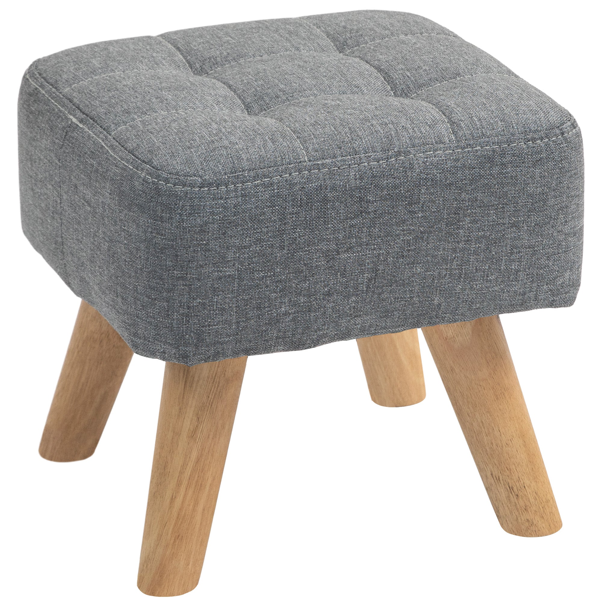 HOMCOM Modern Tufted Footstool, Fabric Foot Stool with Rubber Wood Legs, Padded Seat, for Living Room, Bedroom, Entryway, Grey - North Peak Garden Furniture