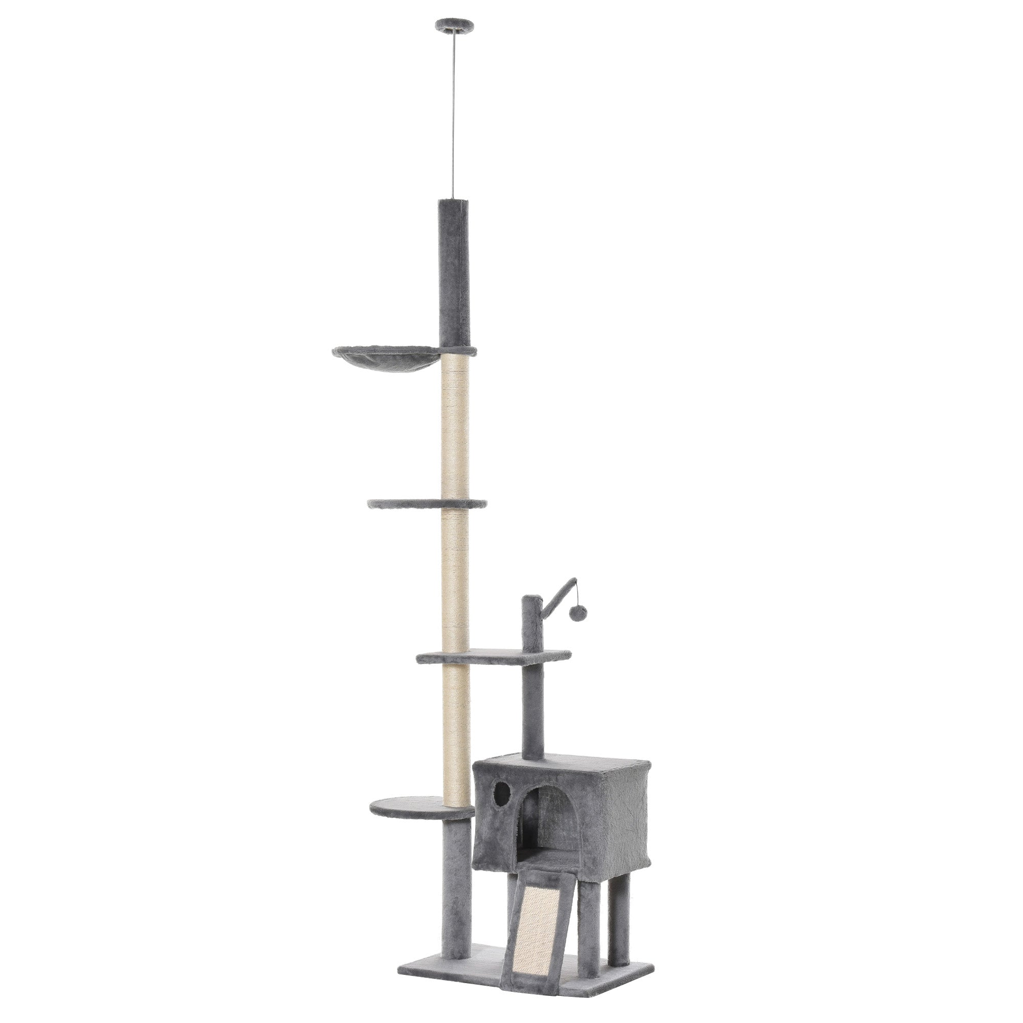 PawHut 270cm Floor To Ceiling Cat Tree Cat House Scratching Post for Indoor Cats Hammock Hanging Ball Activity Center Grey - North Peak Garden Furniture