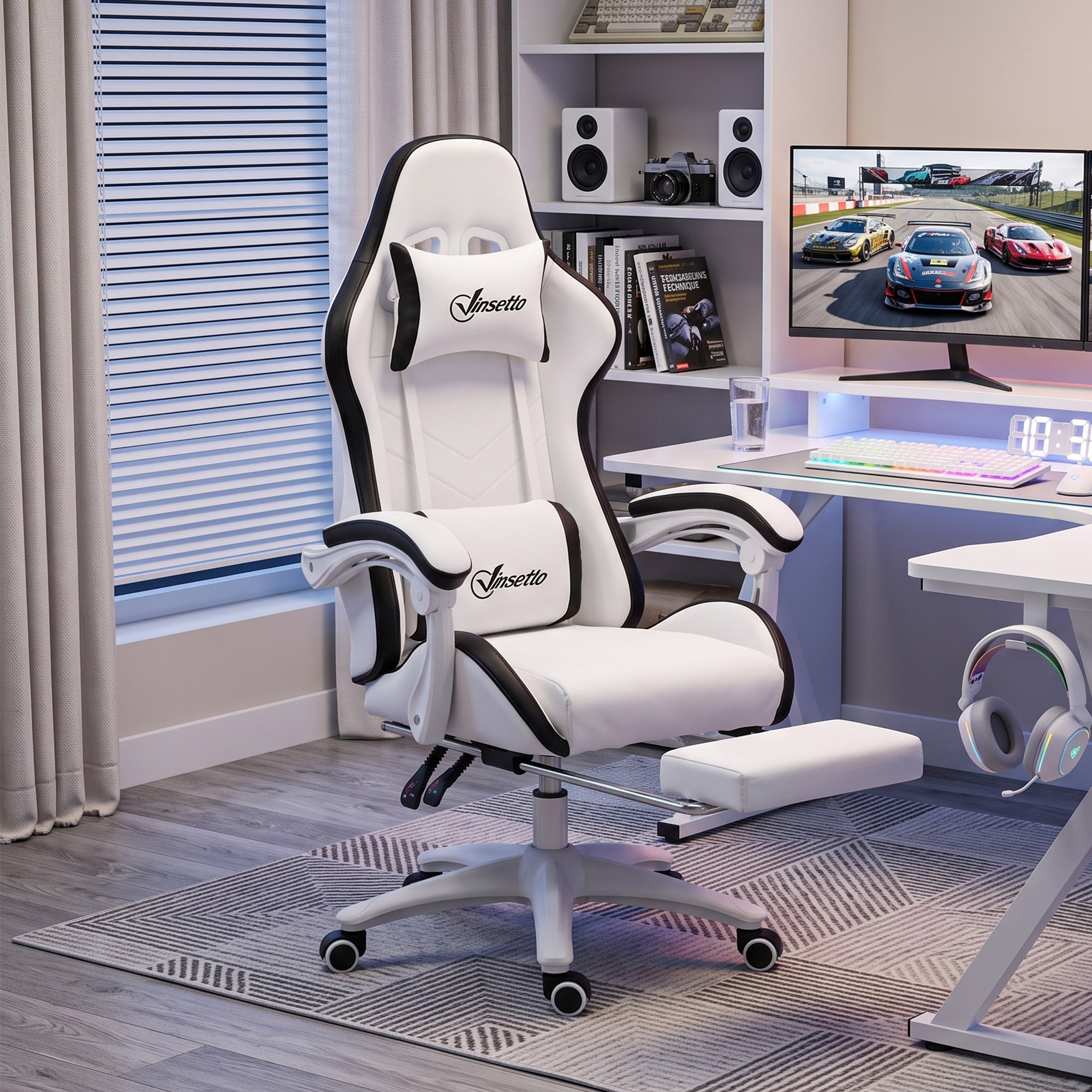 Vinsetto Computer Gaming Chair, PU Leather Desk Chair with Footrest, Swivel Task Chair with 135° Reclining Back and Lumbar Support, PC Chair for Adults, White and Black