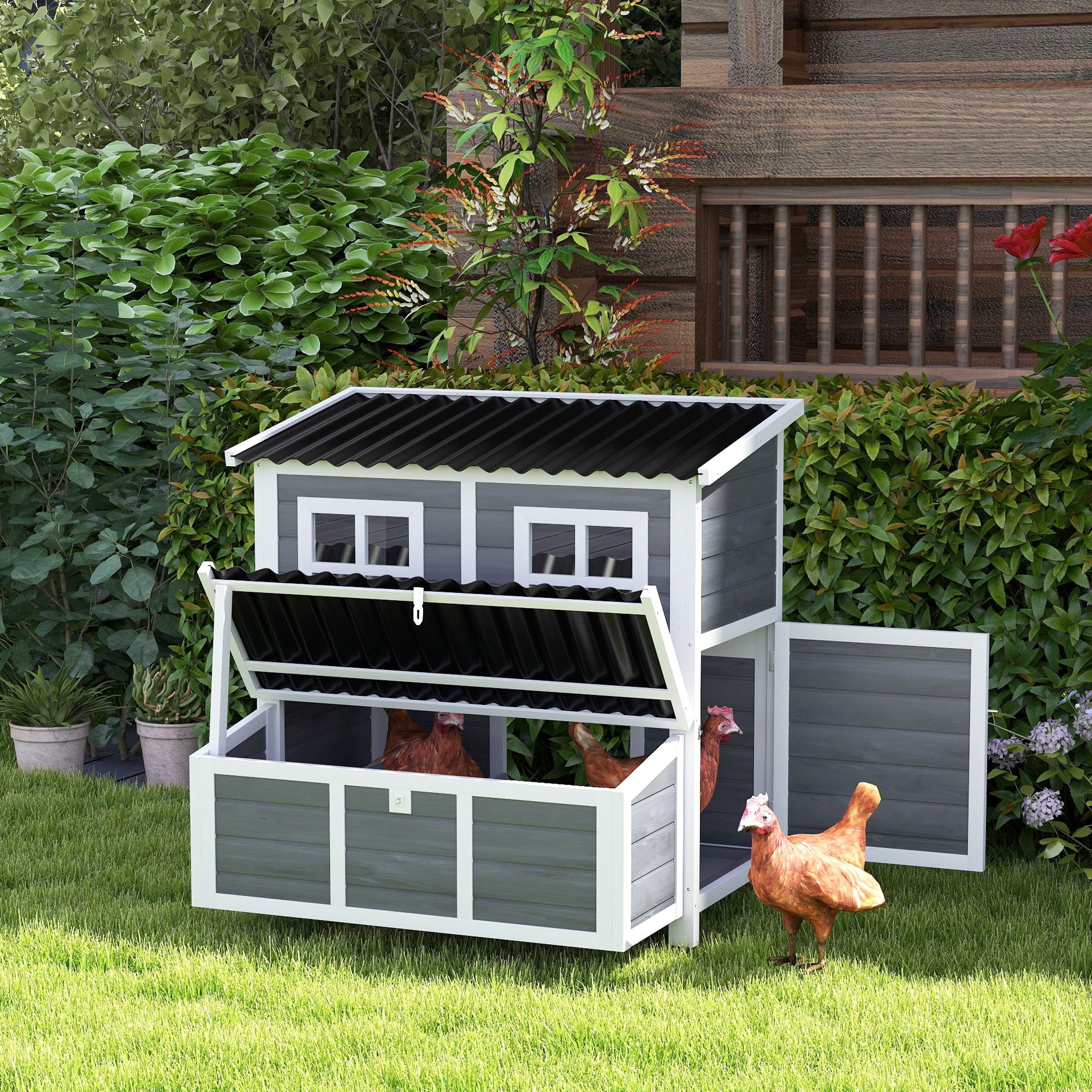 PawHut Wooden Chicken Coop with Nesting Box, Slide-Out Tray, Perches, for 4-6 Chickens, 100 x 86 x 100cm - North Peak Garden Furniture