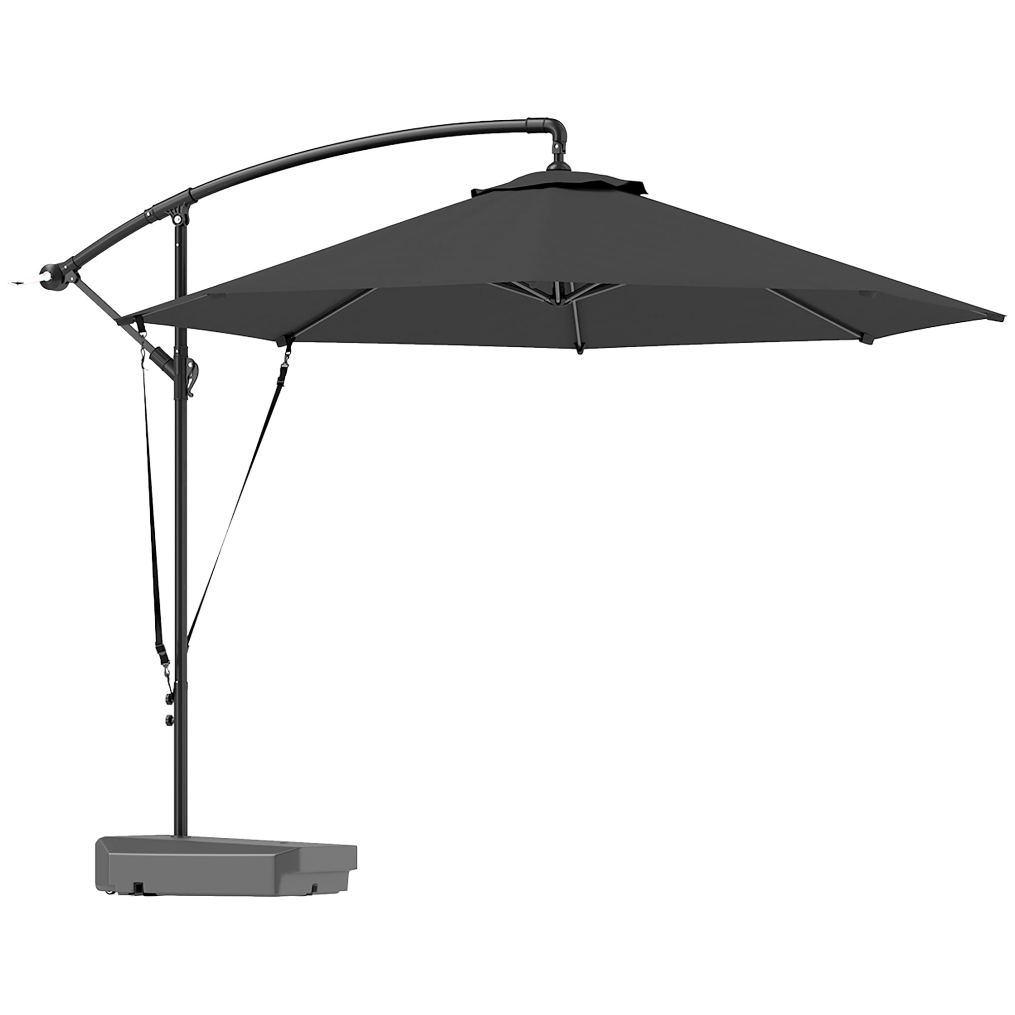 Outsunny 3(m) Garden Cantilever Parasol with Fillable Base up to 90kg, Wind Protection Strap, Cover, Round Banana Hanging Umbrella with Crank Handle and Tilt, UPF50+ Patio Umbrella, Grey