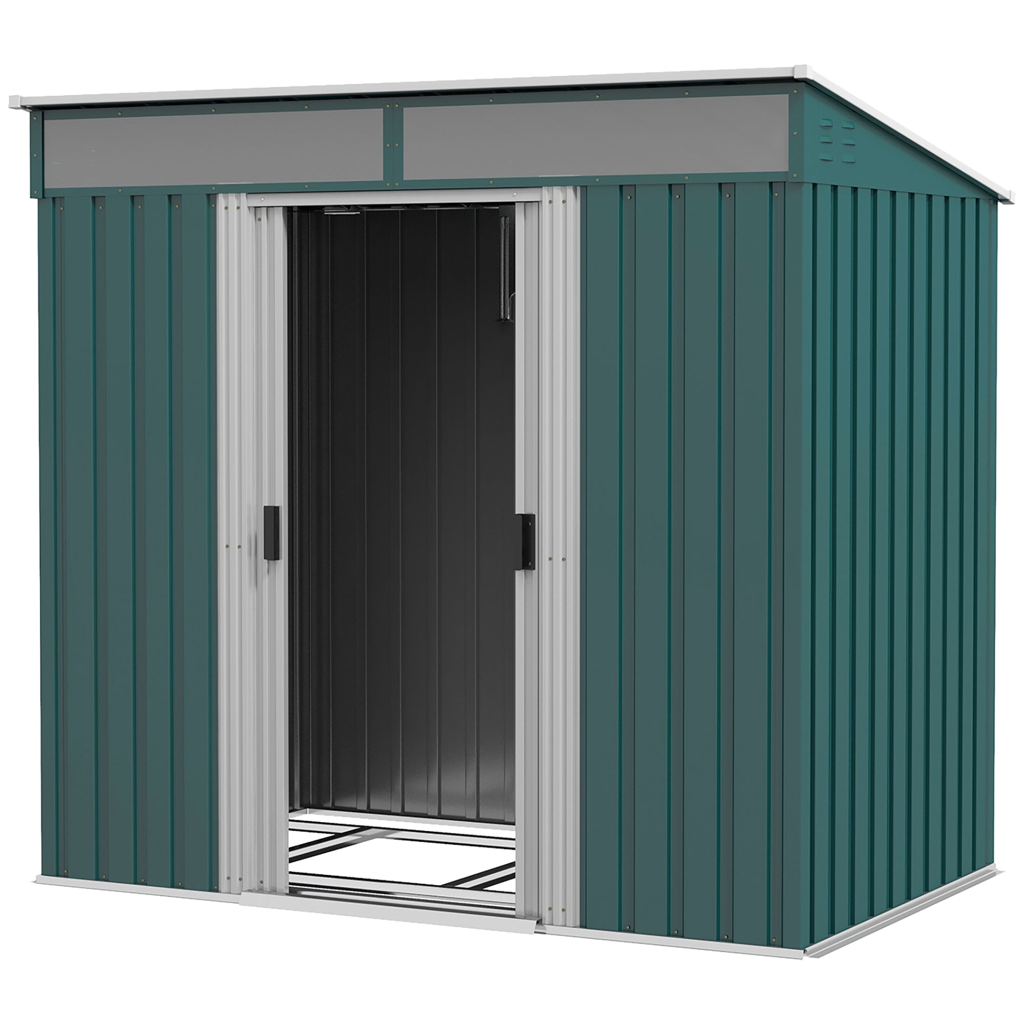 Outsunny 6.5 x 4FT Galvanised Metal Shed with Foundation Kit, Lockable Tool Garden Shed with Double Sliding Doors, Vents, Green - North Peak Garden Furniture