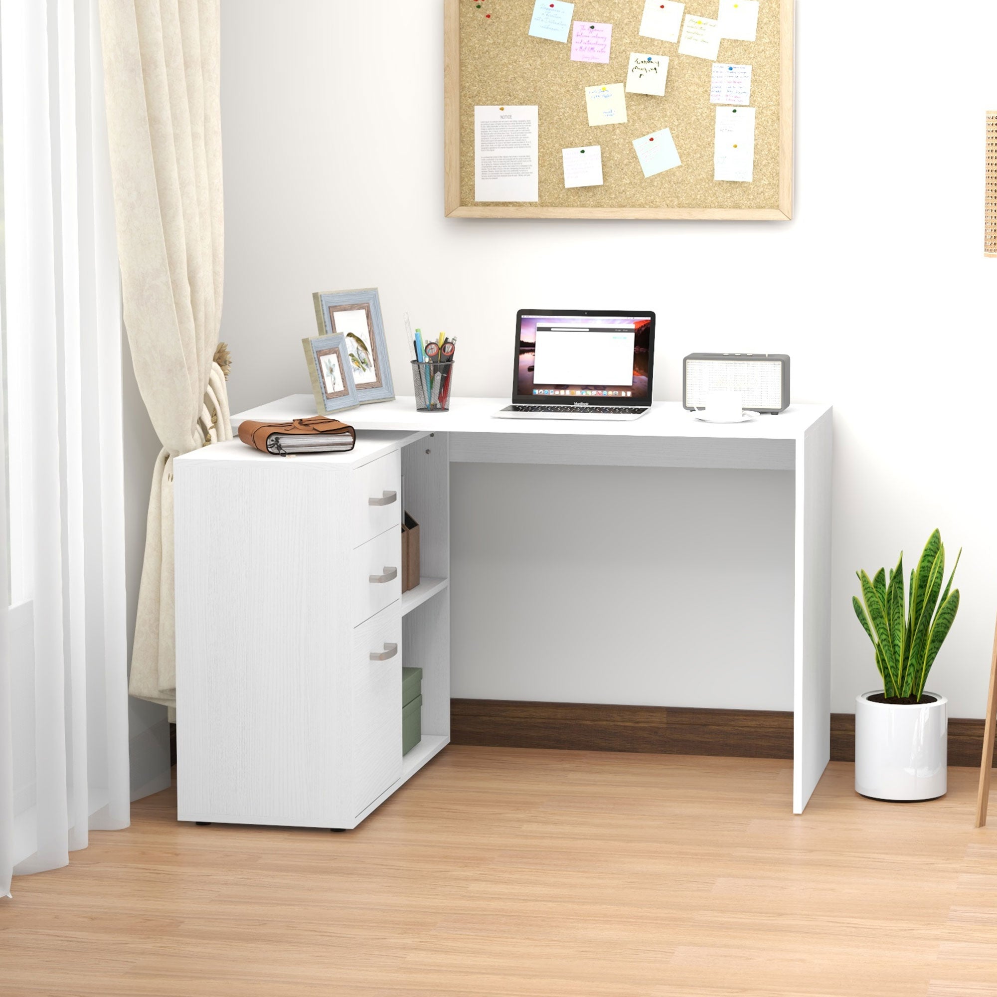 HOMCOM L-Shaped Computer Desk, 2 Shaped Corner Desk with Drawers, File Cabinet and Storage Shelves, Home Office Desk, 117 x 83.5 x 76cm, White - North Peak Garden Furniture