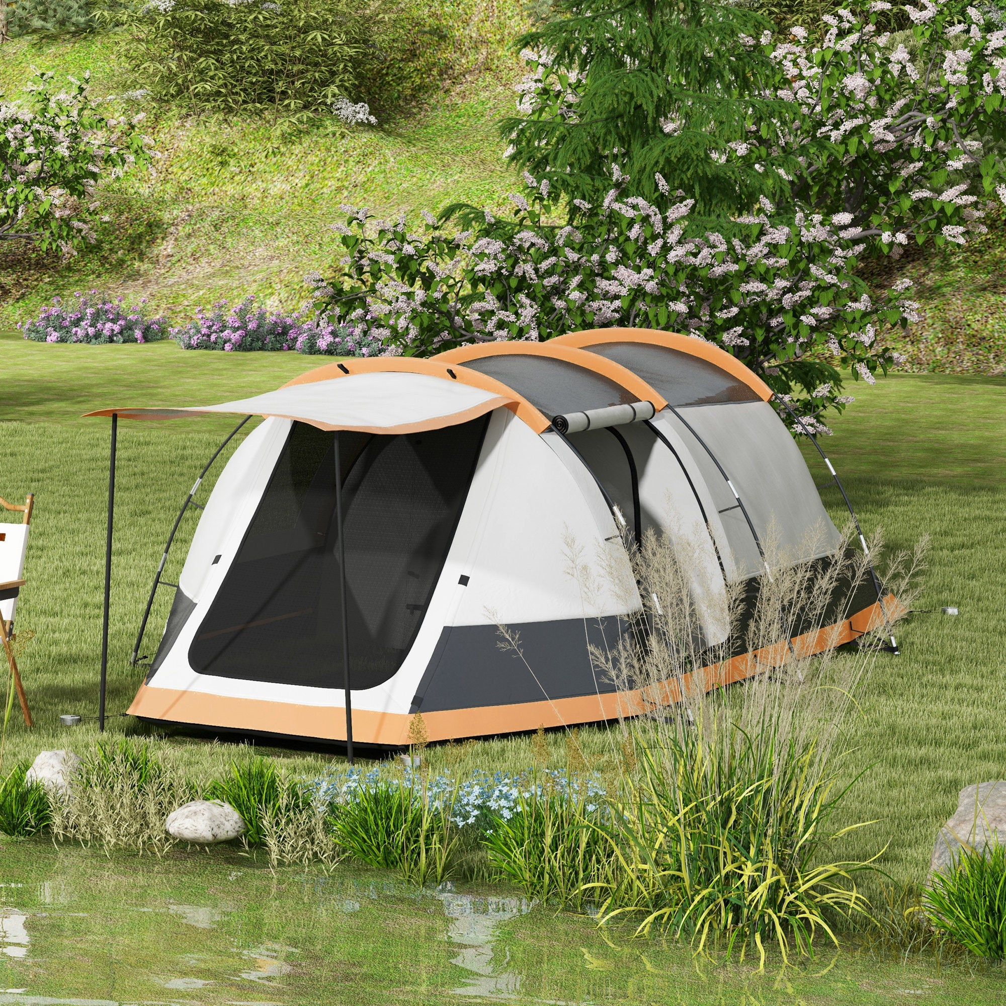 Outsunny Three-Man Camping Tent, with Two Rooms and Porch - Orange - North Peak Garden Furniture