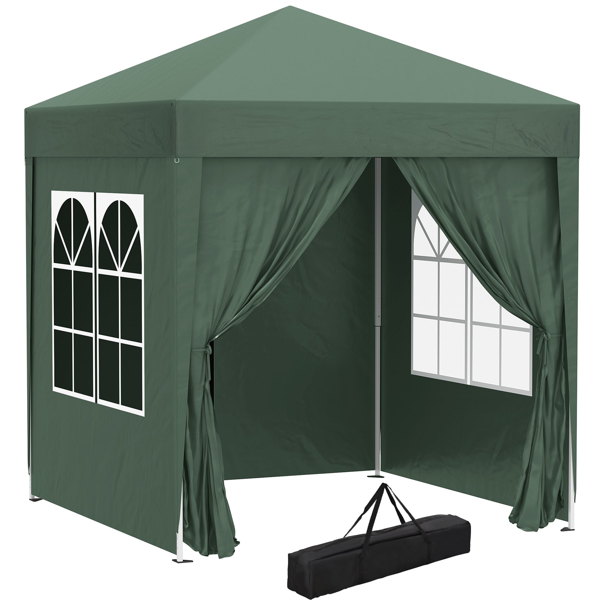 Outsunny 2 x 2 m Garden Pop Up Gazebo, Wedding Party Tent Marquee, Water Resistant Awning Canopy with Sidewalls, Windows, Carry Bag, Green - North Peak Garden Furniture