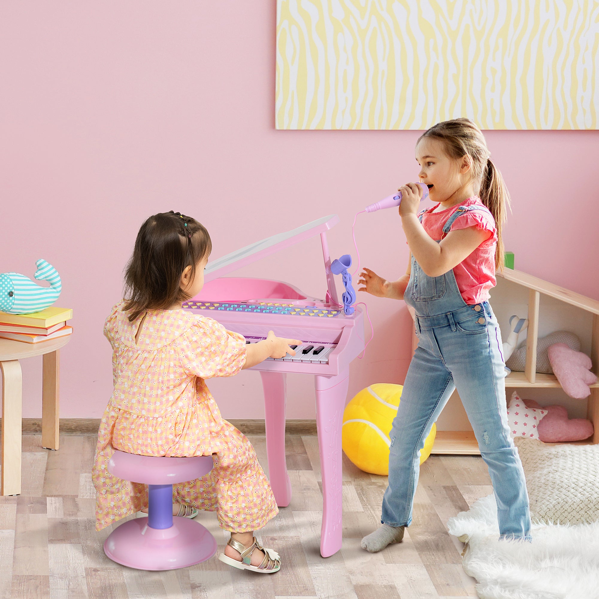 HOMCOM 37 Keys Kids Mini Electronic Keyboard Children Grand Piano with Stool Microphone Light Musical Instrument Educational Game Toy Set (Pink) - North Peak Garden Furniture