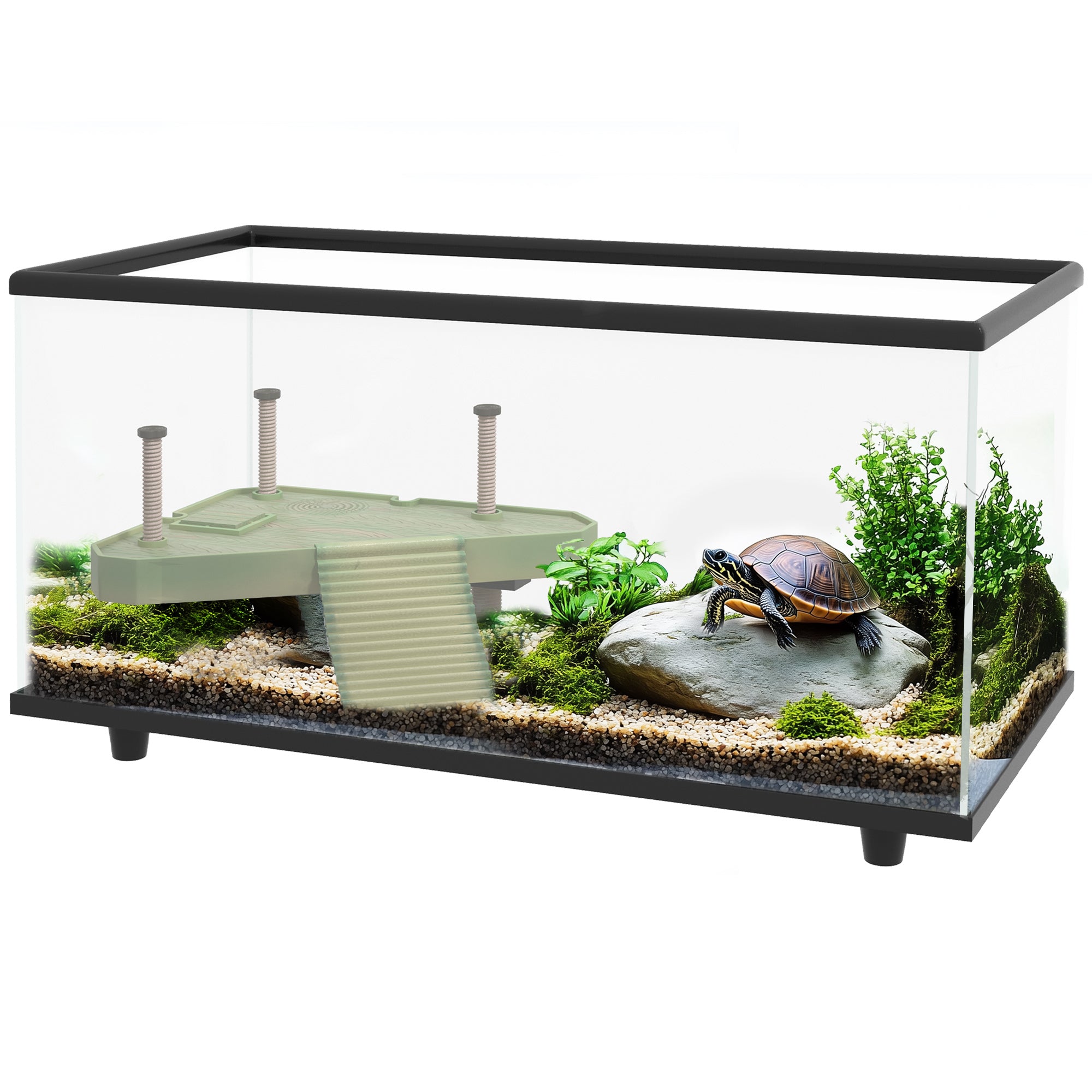 PawHut 50L Glass Turtle Tank Aquarium with Basking Platform, Easy Drainage, Strip Patch Thermometer - North Peak Garden Furniture