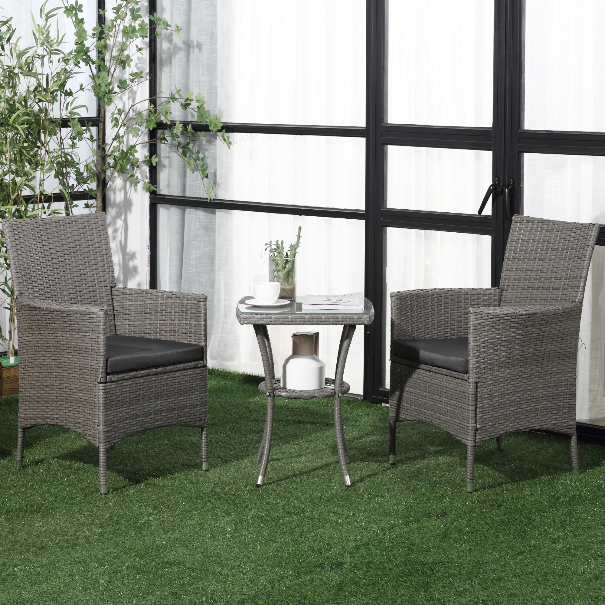 Outsunny 3 Pieces Rattan Bistro Set, Wicker Garden Furniture Set with 2-Tier Coffee Table and Chairs, Washable Cushions, for Outdoor Patio Balcony, Grey - North Peak Garden Furniture