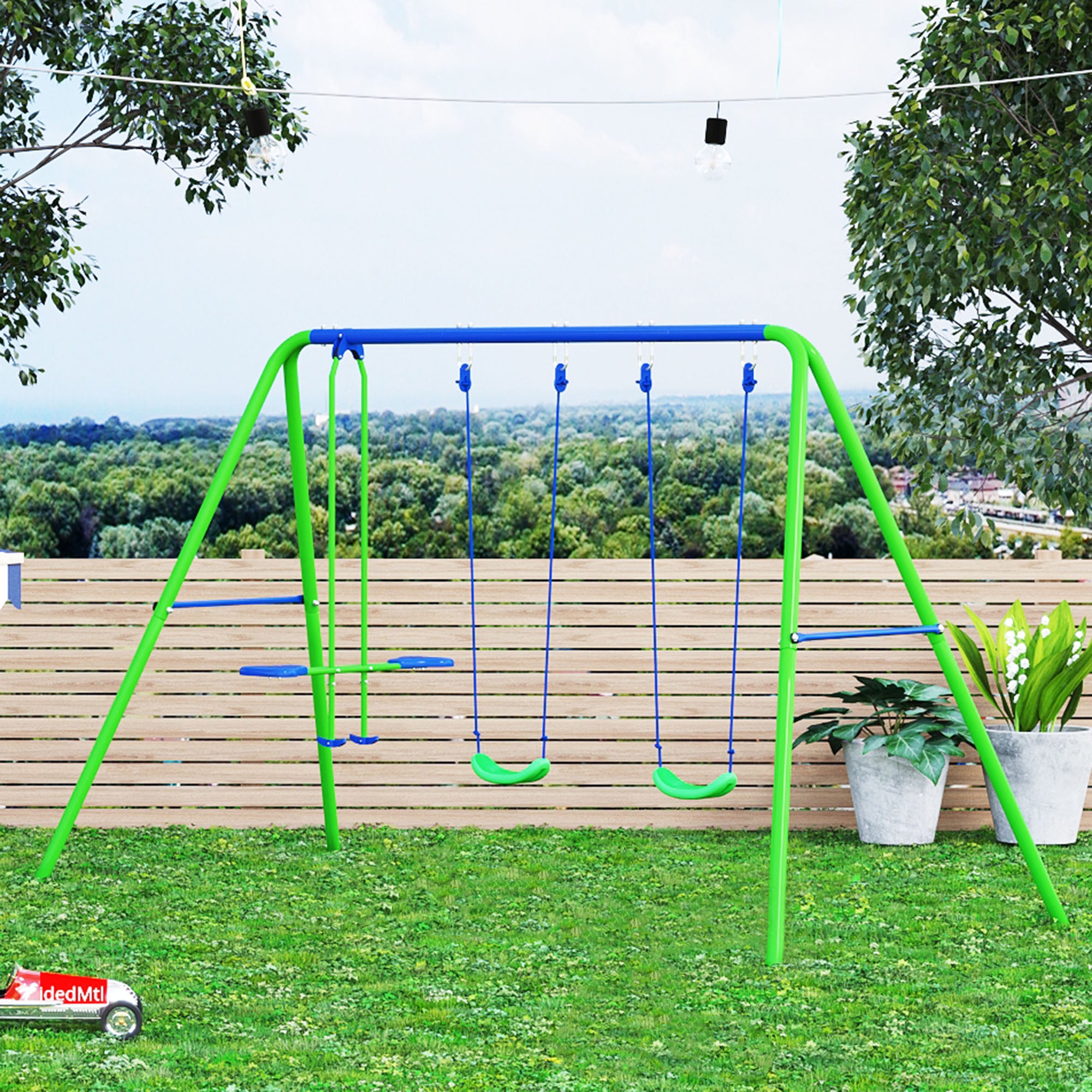 Outsunny Metal Garden Swing Set Height Adjustable Children Outdoor Backyard Play Set for Toddlers Over 3 Years Old, Green - North Peak Garden Furniture